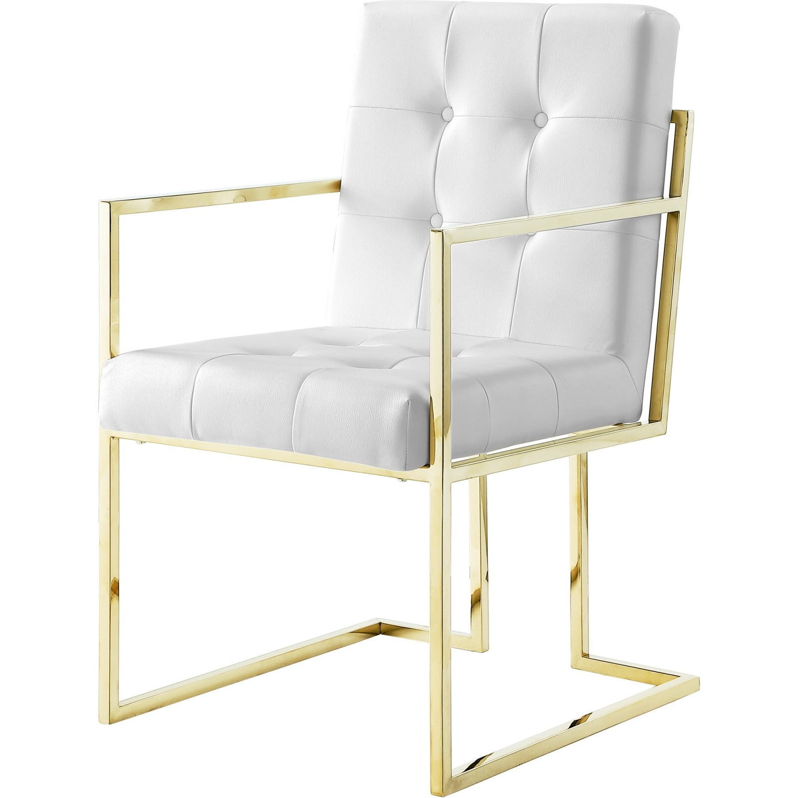 Set Of Two Tufted White And Gold Upholstered Faux Leather Dining Arm Chairs