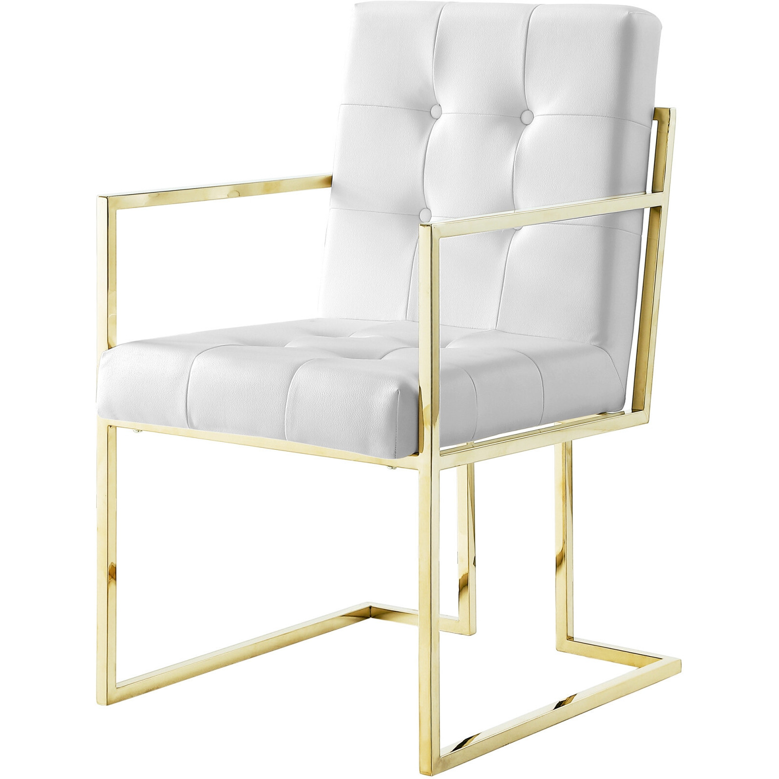 Set Of Two Tufted White And Gold Upholstered Faux Leather Dining Arm Chairs