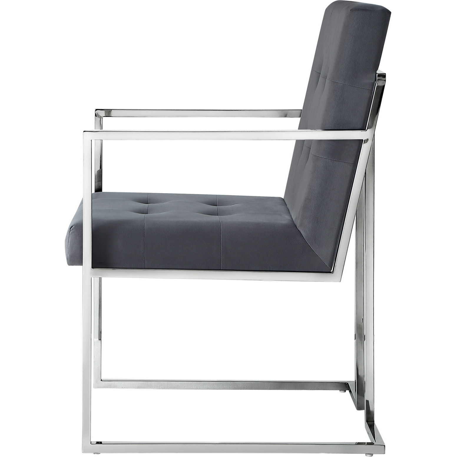 Set Of Two Tufted Gray And Silver Metallic Upholstered Velvet Dining Arm Chairs