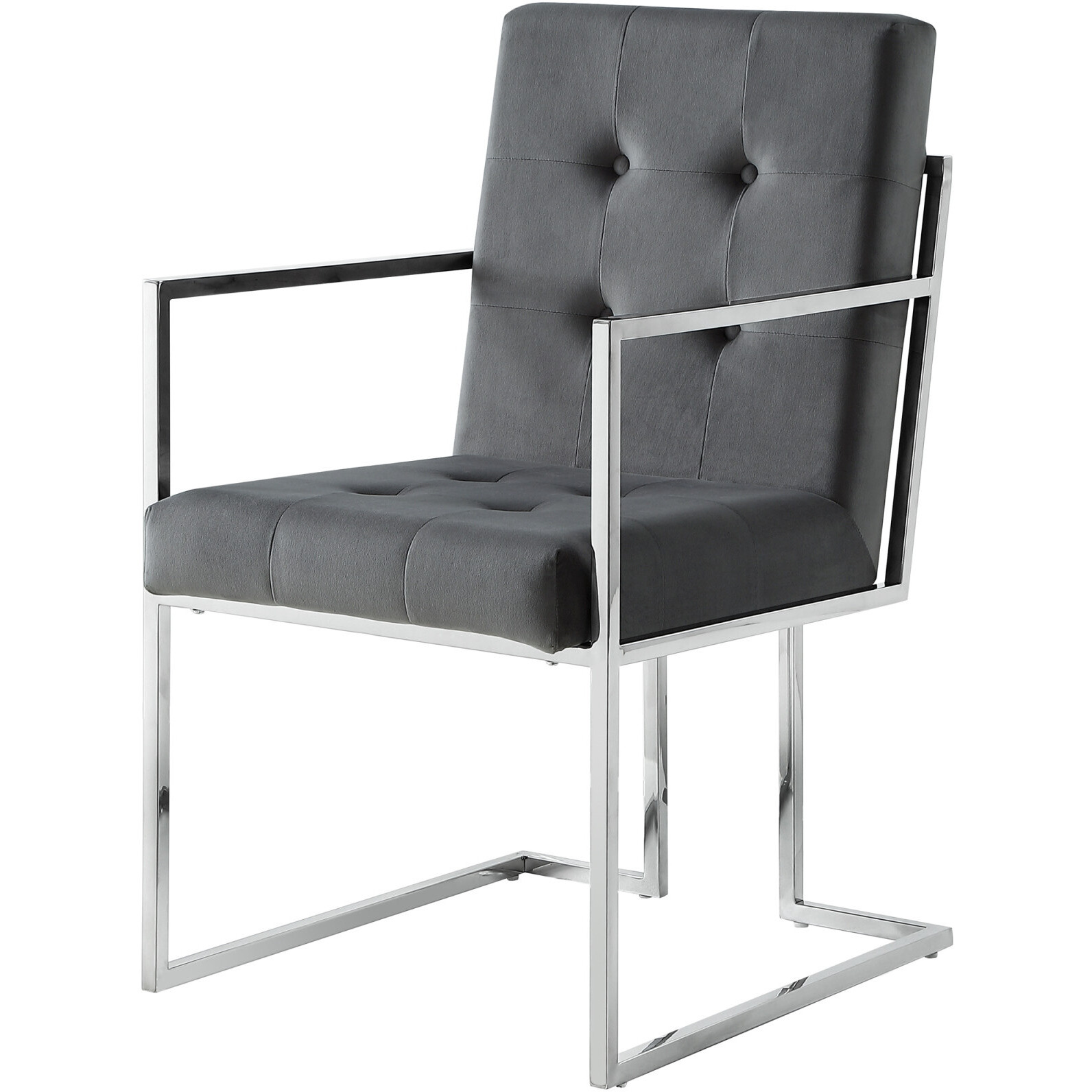 Set Of Two Tufted Gray And Silver Metallic Upholstered Velvet Dining Arm Chairs