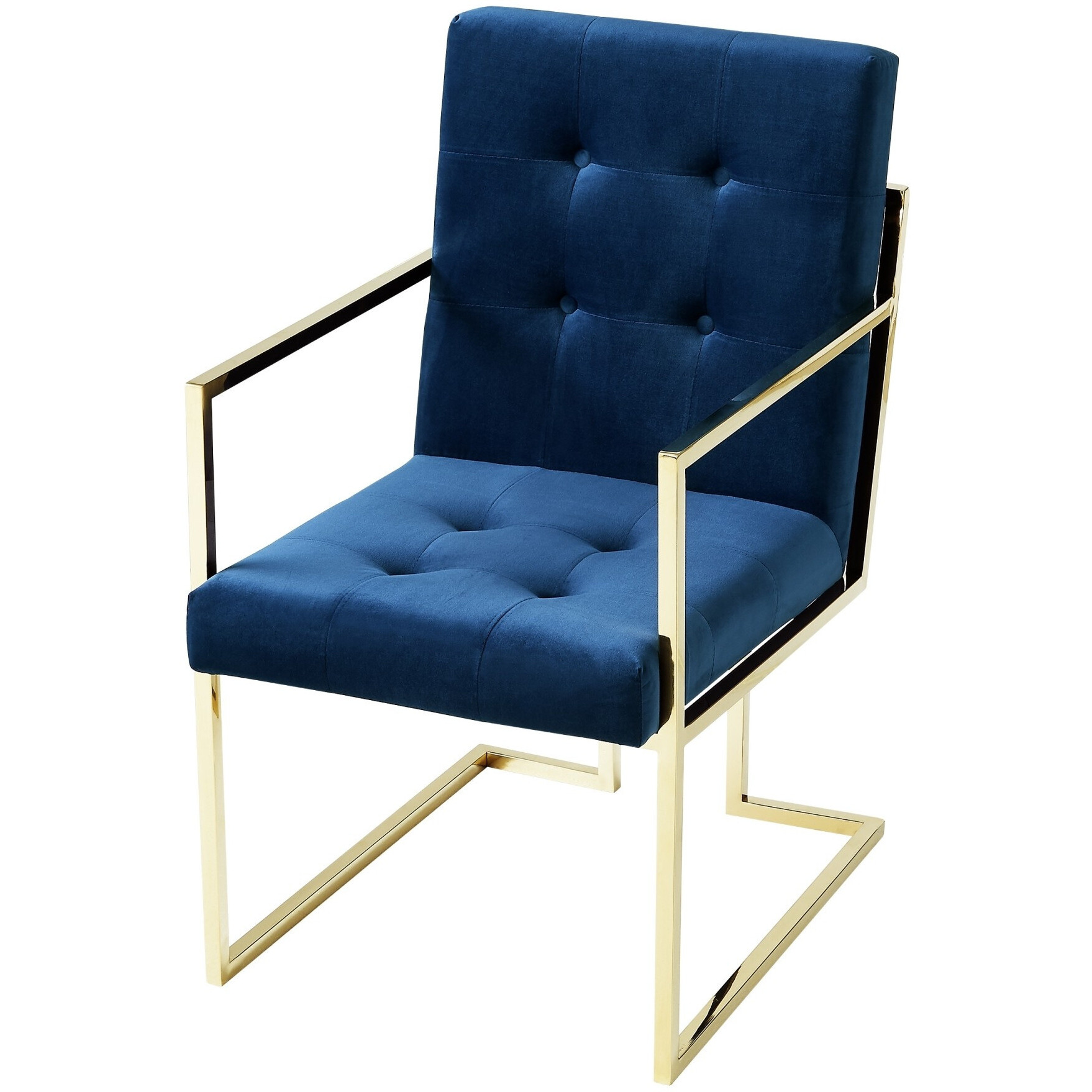 Set Of Two Tufted Navy Blue And Gold Upholstered Velvet Dining Arm Chairs