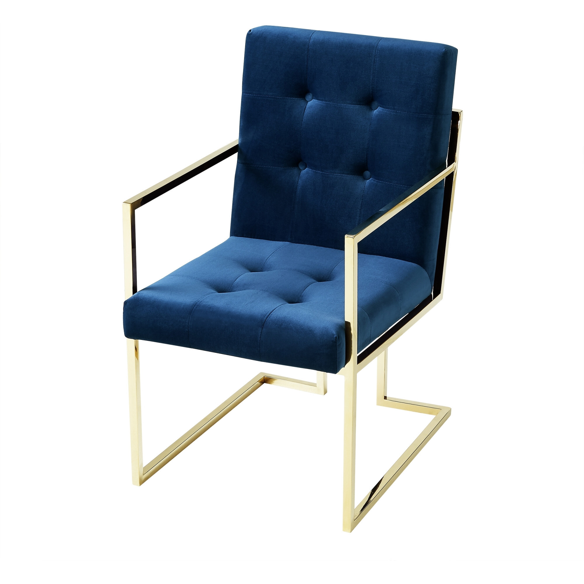 Set Of Two Tufted Navy Blue And Gold Upholstered Velvet Dining Arm Chairs