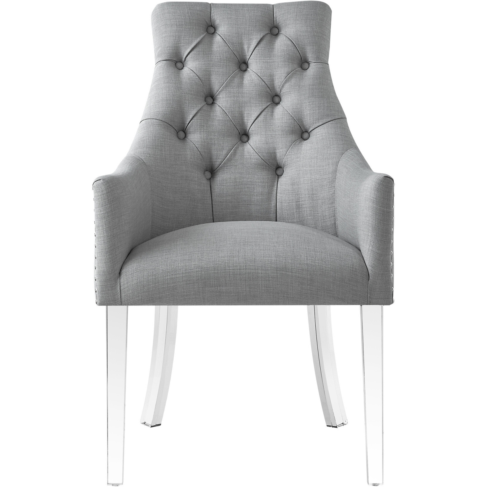 Set Of Two Tufted Light Gray And Clear Upholstered Linen Dining Arm Chairs