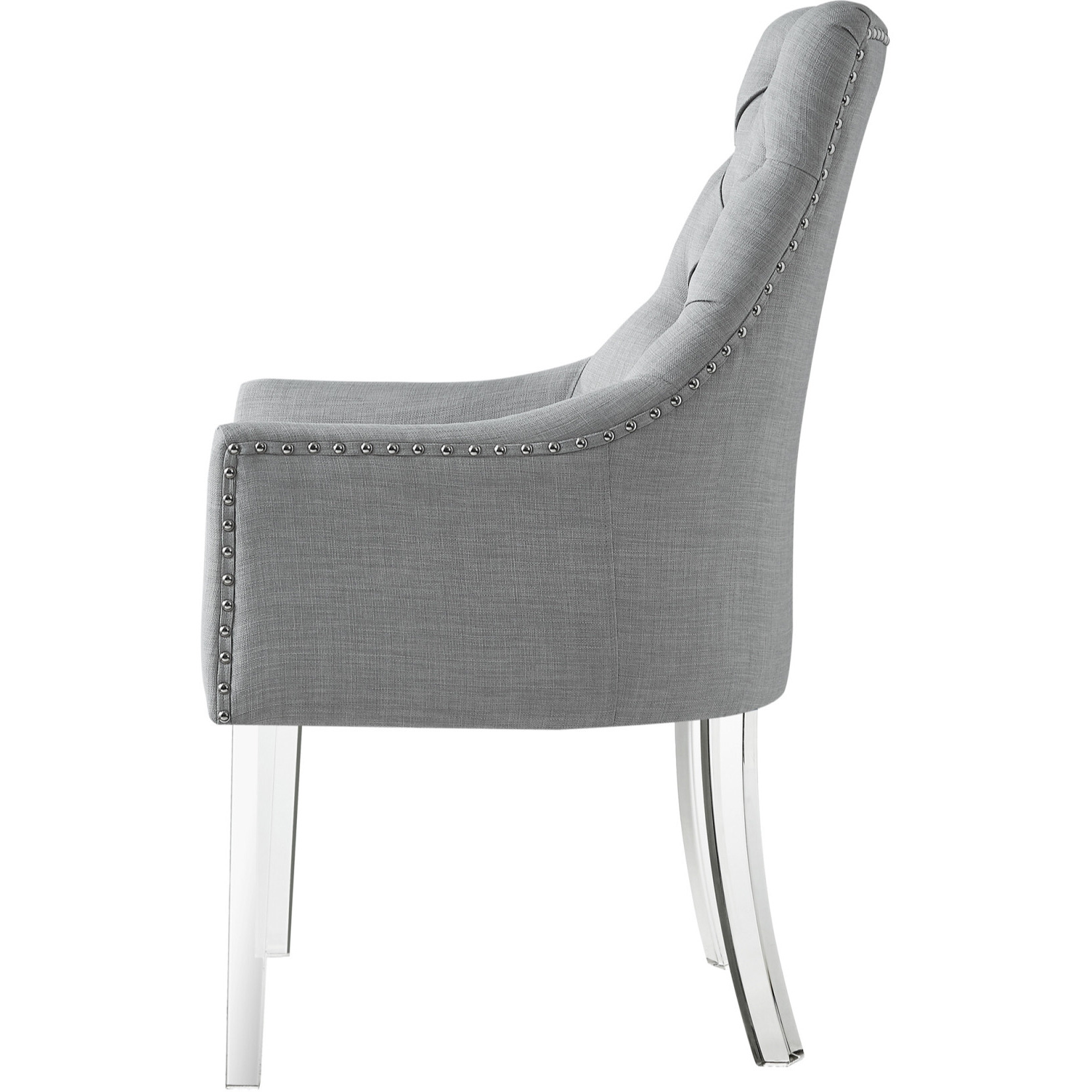 Set Of Two Tufted Light Gray And Clear Upholstered Linen Dining Arm Chairs