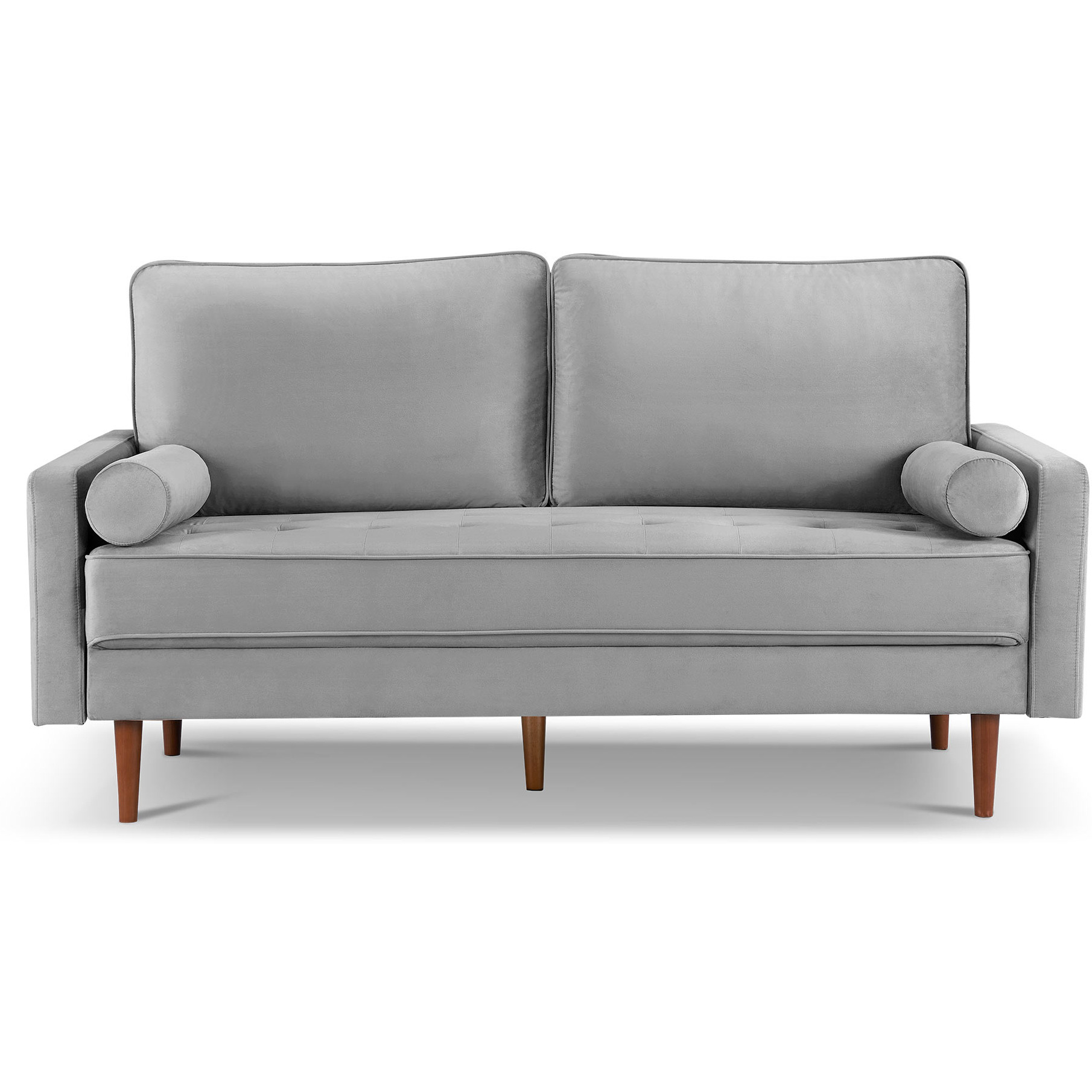 69"" Gray Velvet And Dark Brown Sofa And Toss Pillows