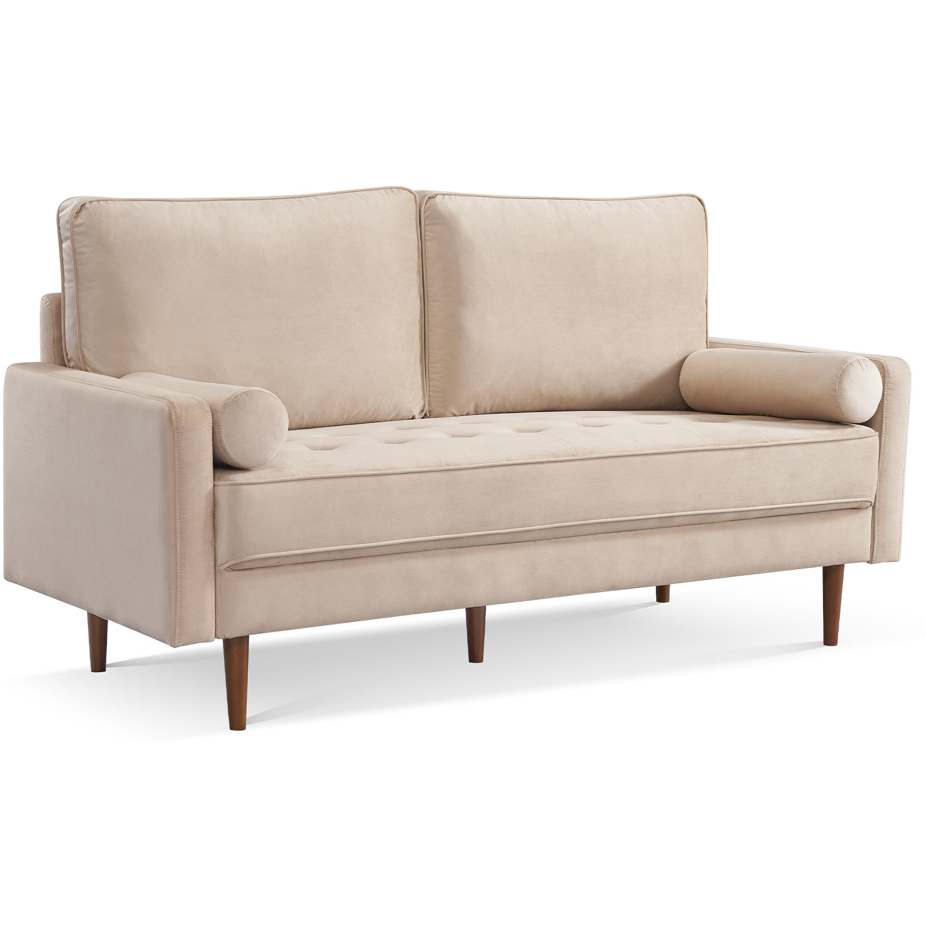 69"" Beige Velvet And Dark Brown Sofa And Toss Pillows