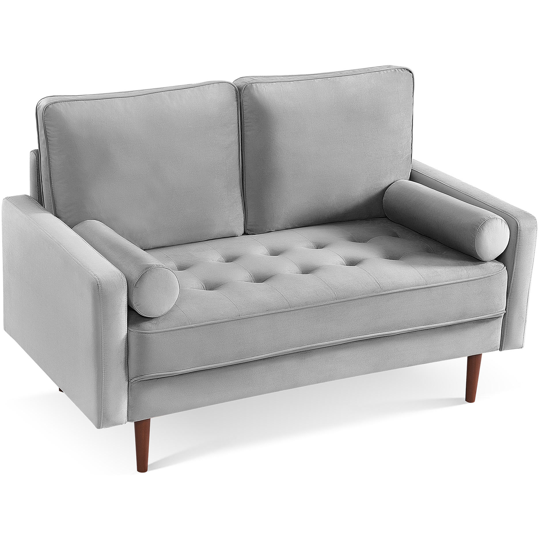 57"" Gray And Dark Brown Velvet Love Seat And Toss Pillows
