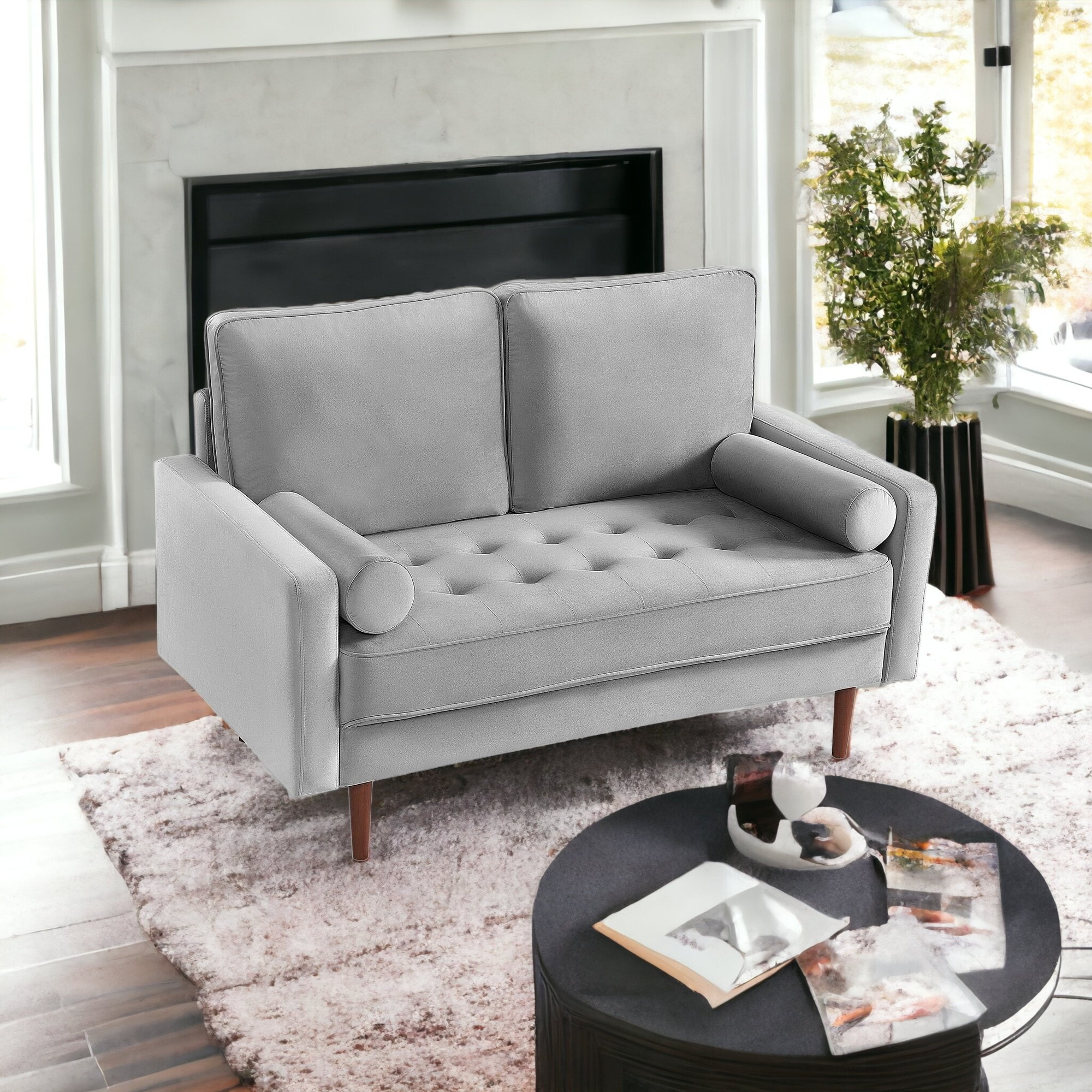 57"" Gray And Dark Brown Velvet Love Seat And Toss Pillows