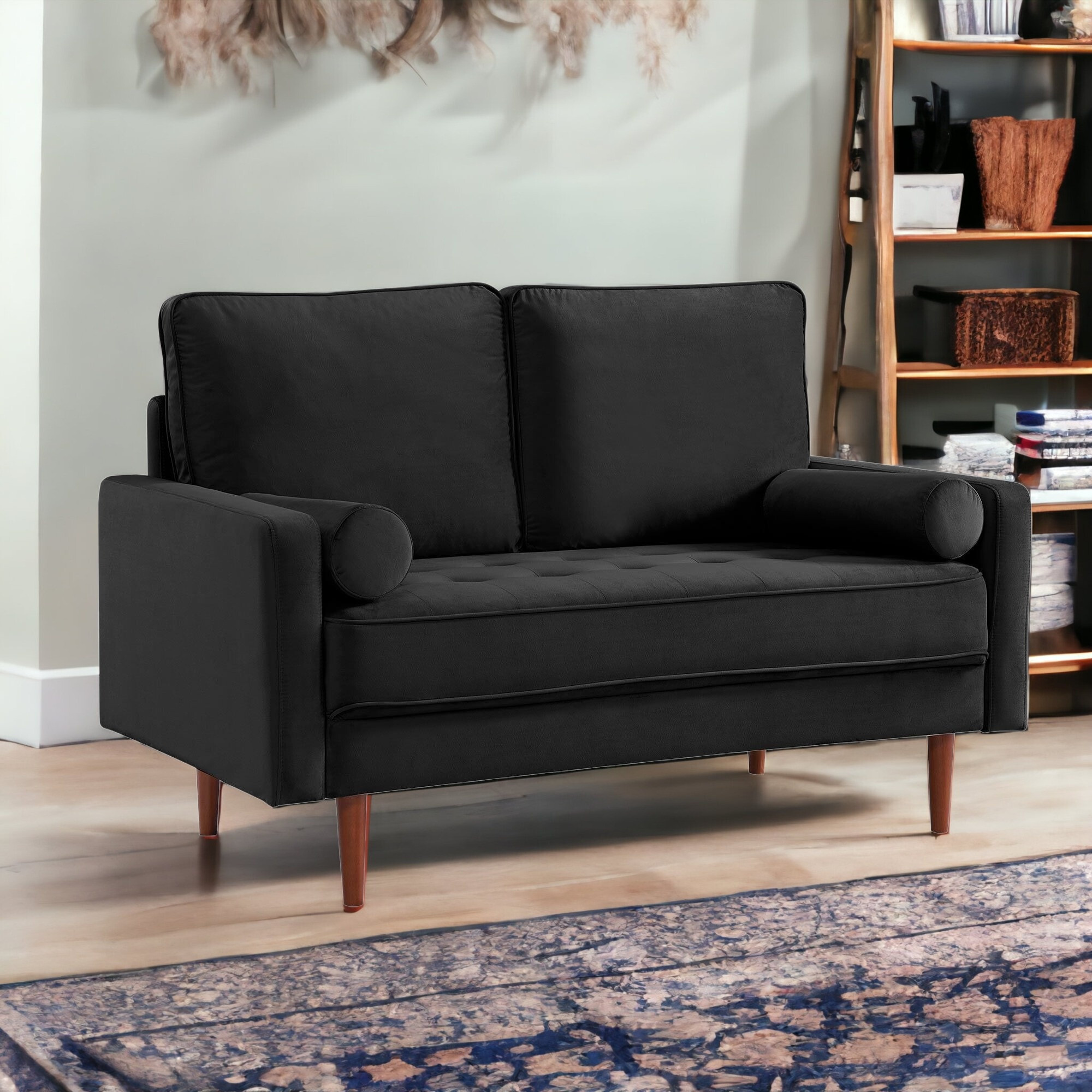 57"" Black And Dark Brown Velvet Love Seat And Toss Pillows
