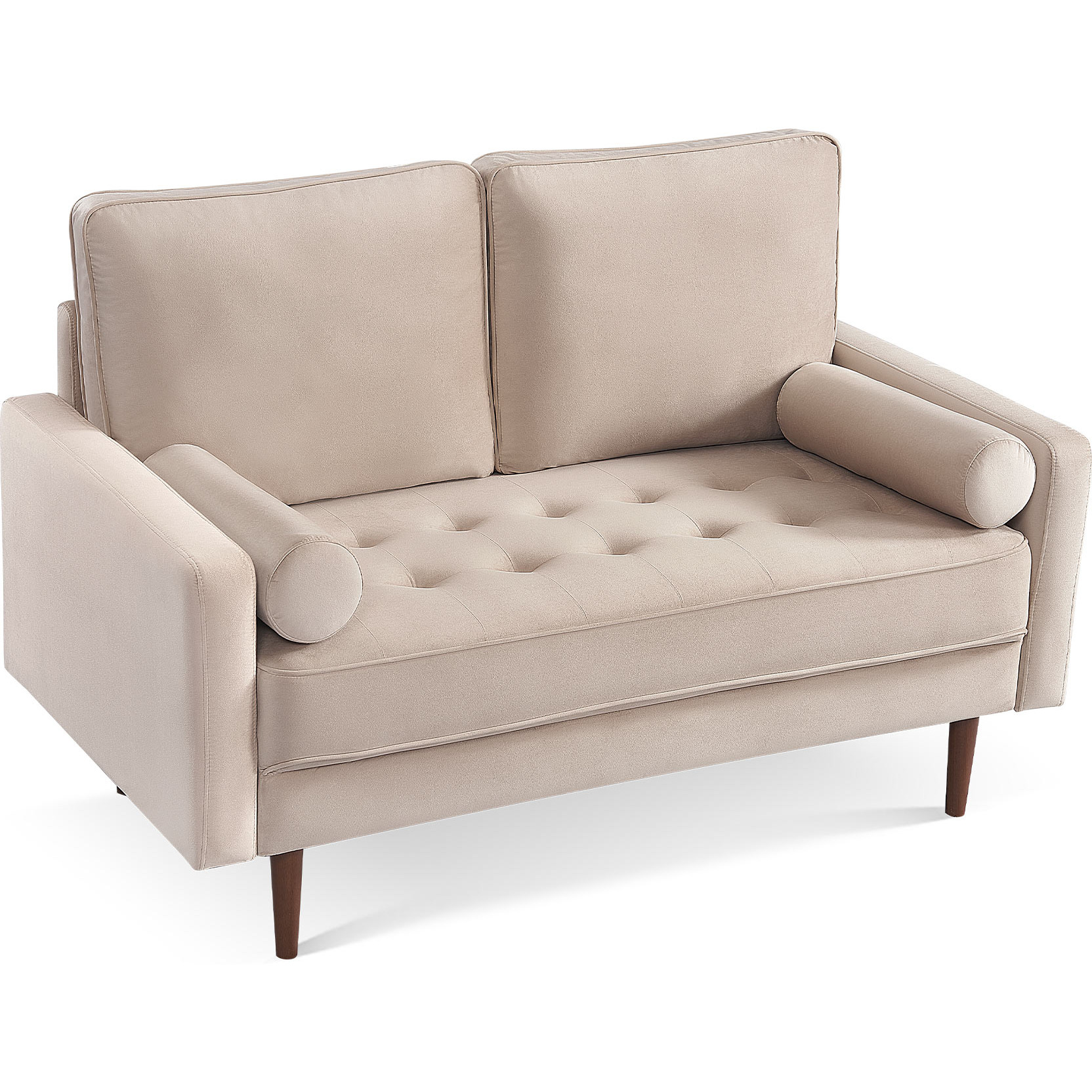 57"" Beige And Dark Brown Velvet Love Seat And Toss Pillows