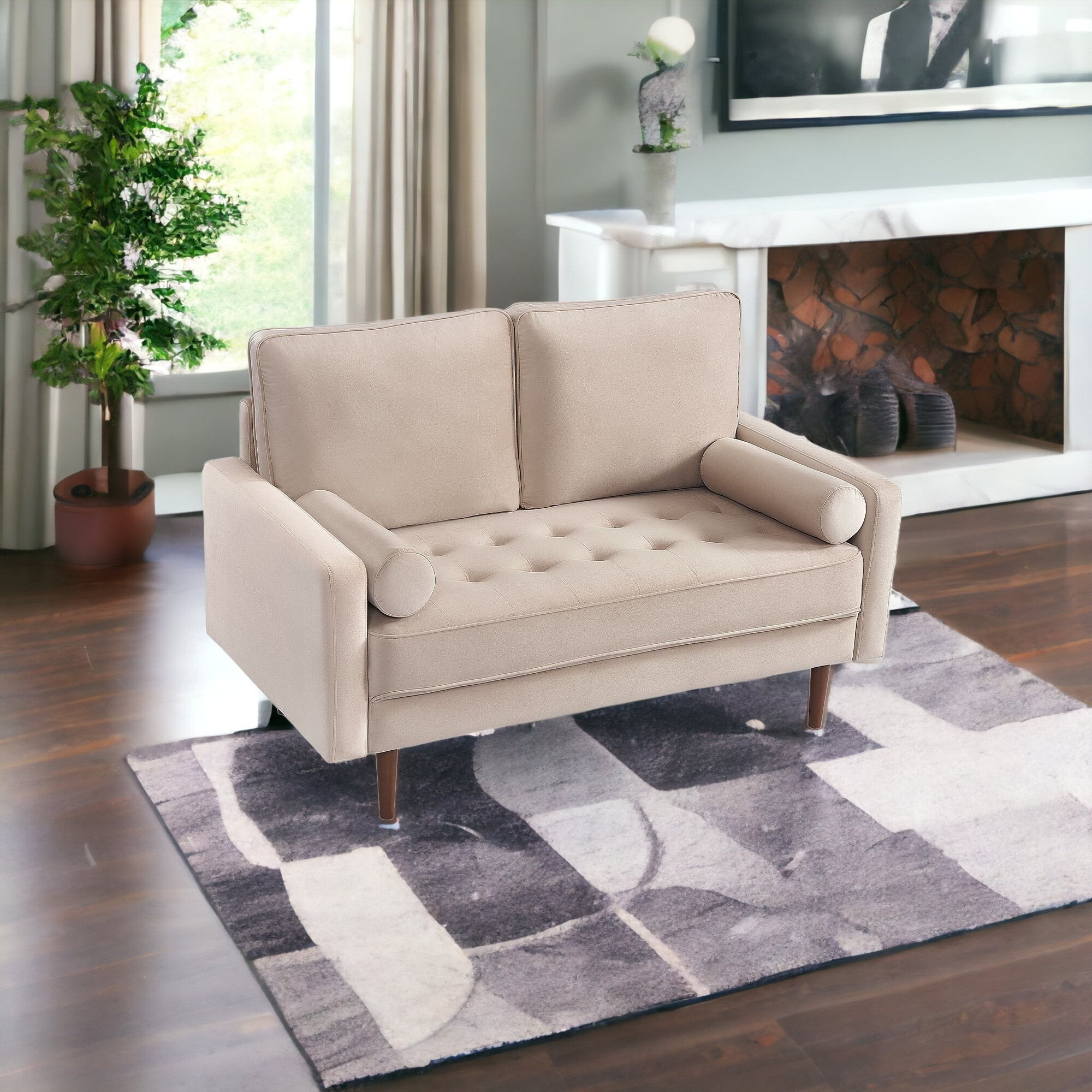 57"" Beige And Dark Brown Velvet Love Seat And Toss Pillows