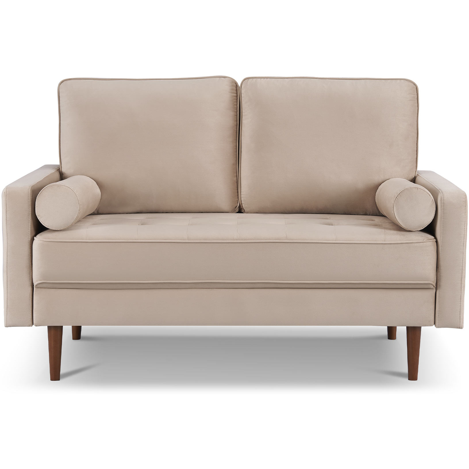 57"" Beige And Dark Brown Velvet Love Seat And Toss Pillows
