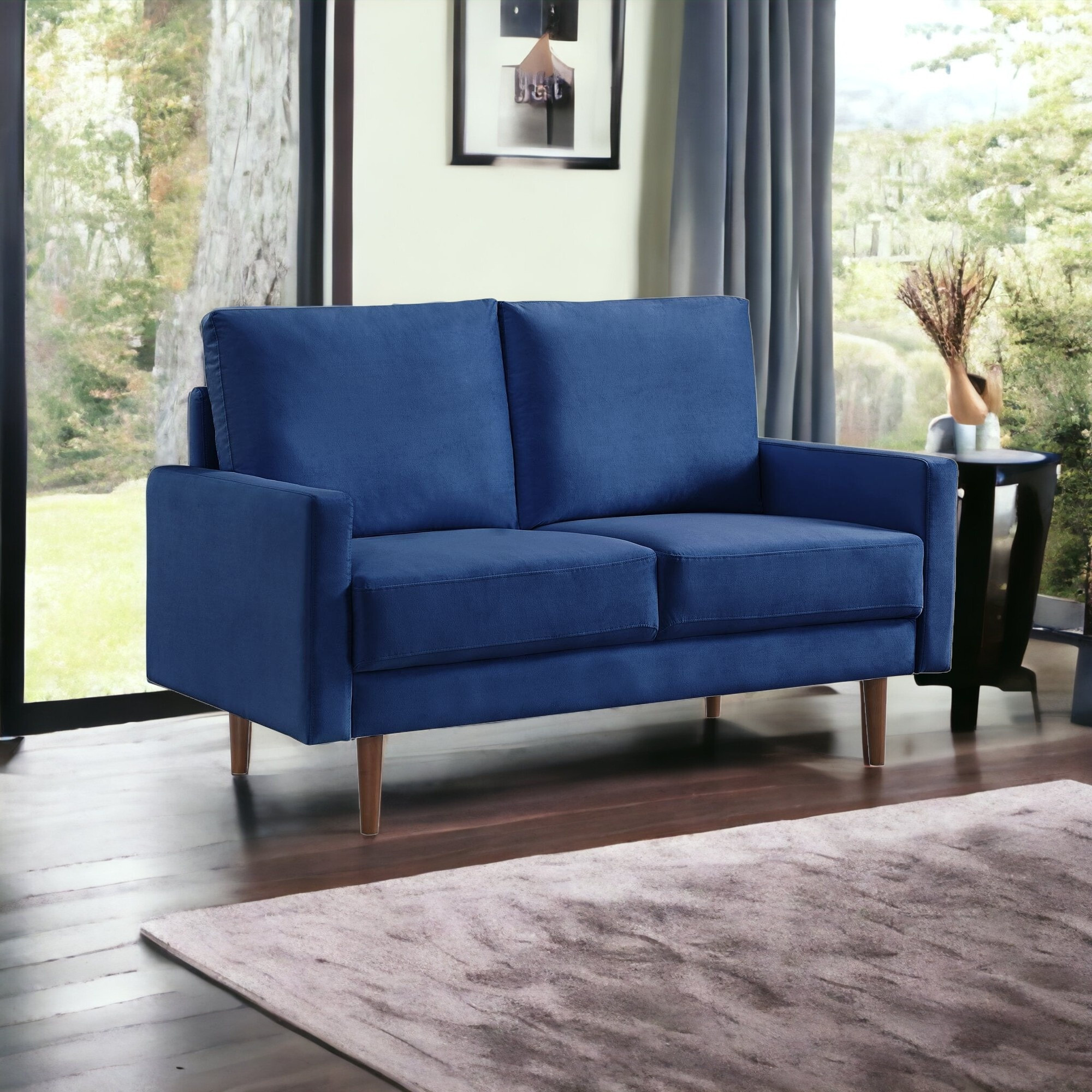 57"" Blue And Dark Brown Velvet Love Seat