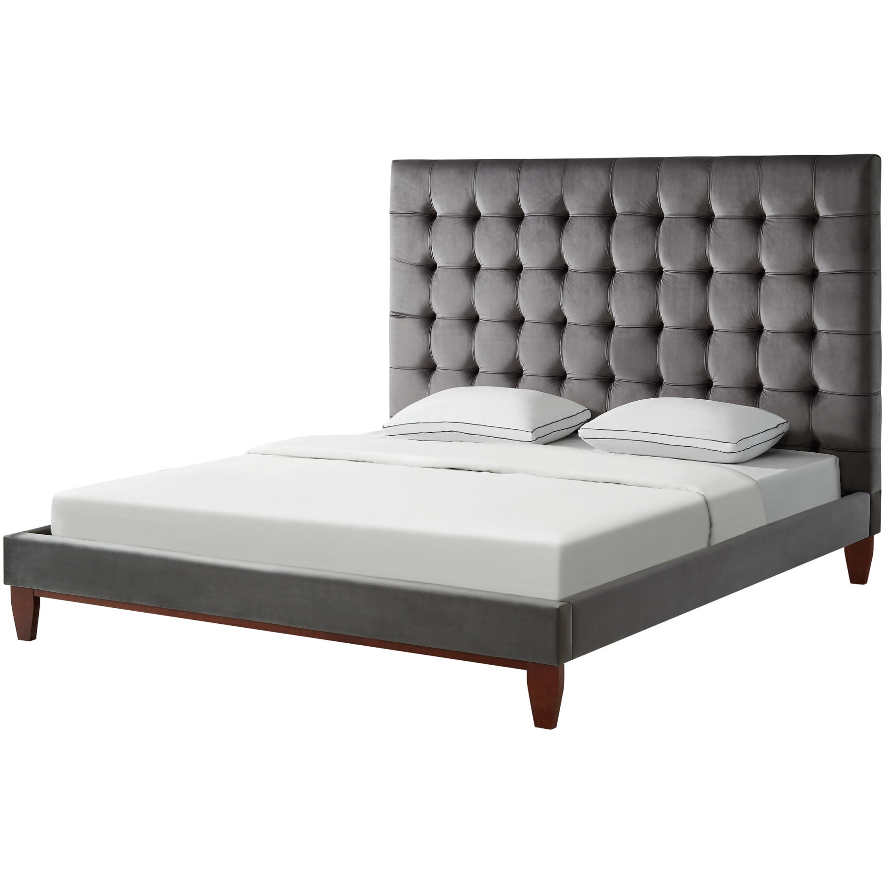 Gray Solid Wood King Tufted Upholstered Velvet Bed