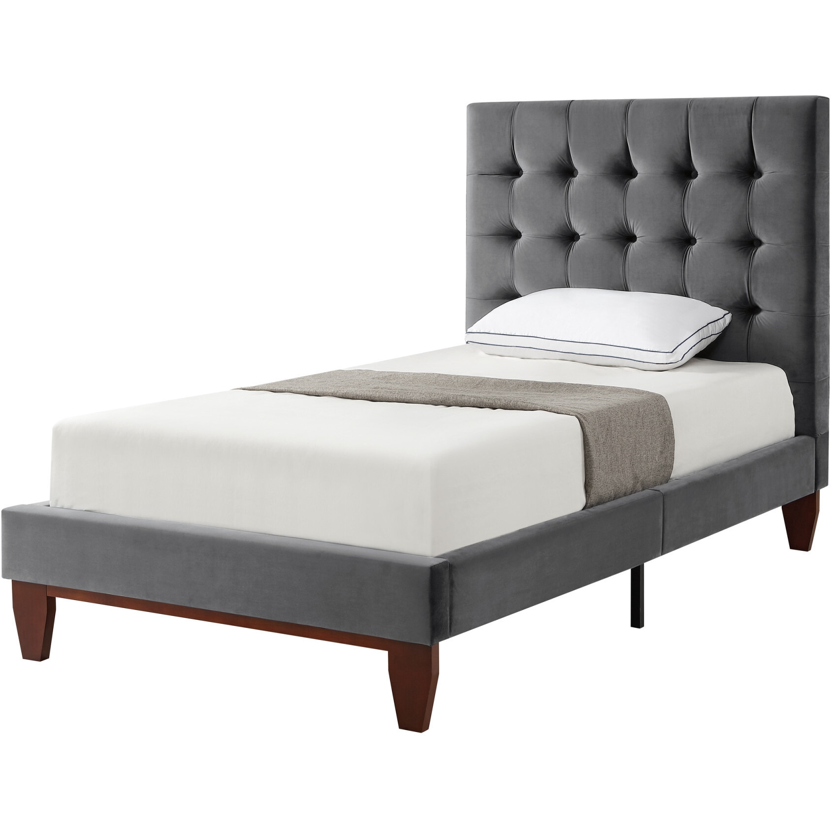 Gray Solid Wood Twin Tufted Upholstered Velvet Bed