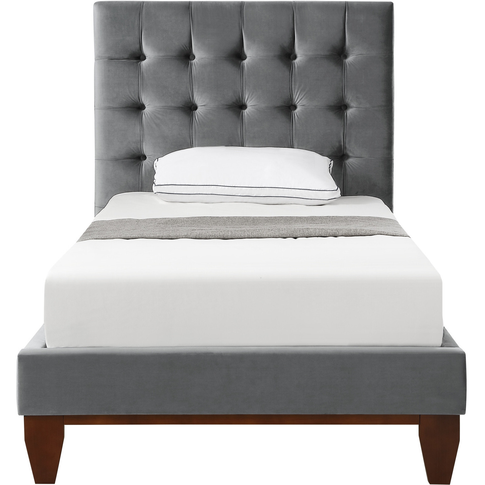 Gray Solid Wood Twin Tufted Upholstered Velvet Bed