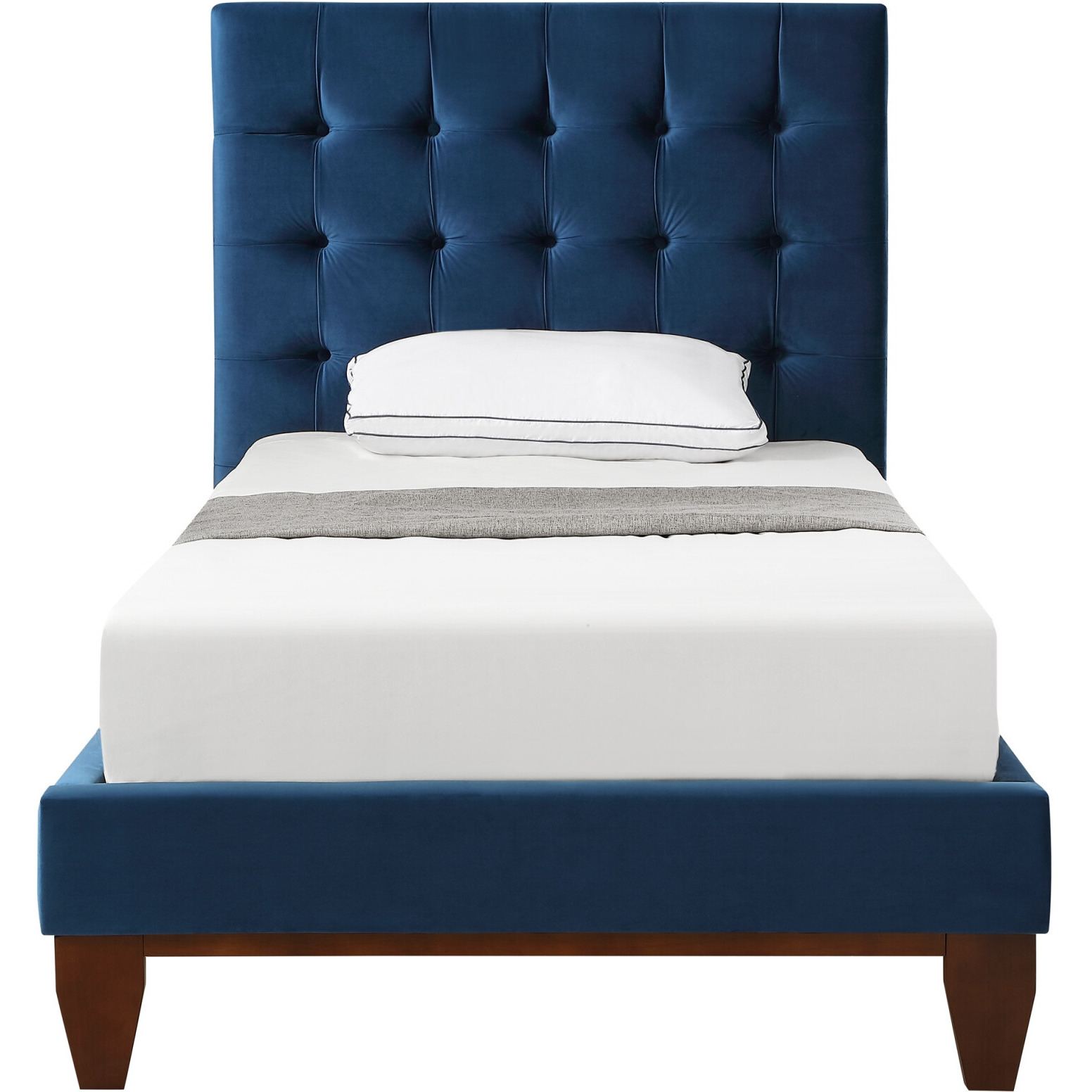 Navy Blue Solid Wood Twin Tufted Upholstered Velvet Bed