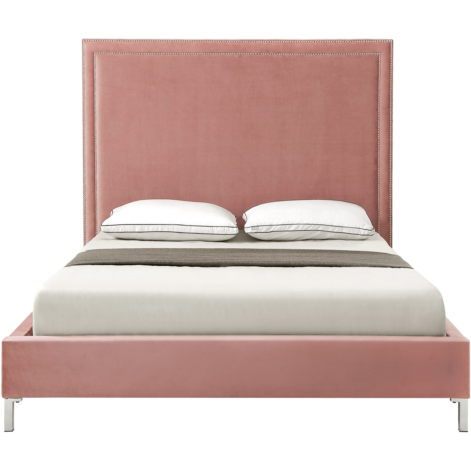 Blush Solid Wood Queen Upholstered Velvet Bed With Nailhead Trim