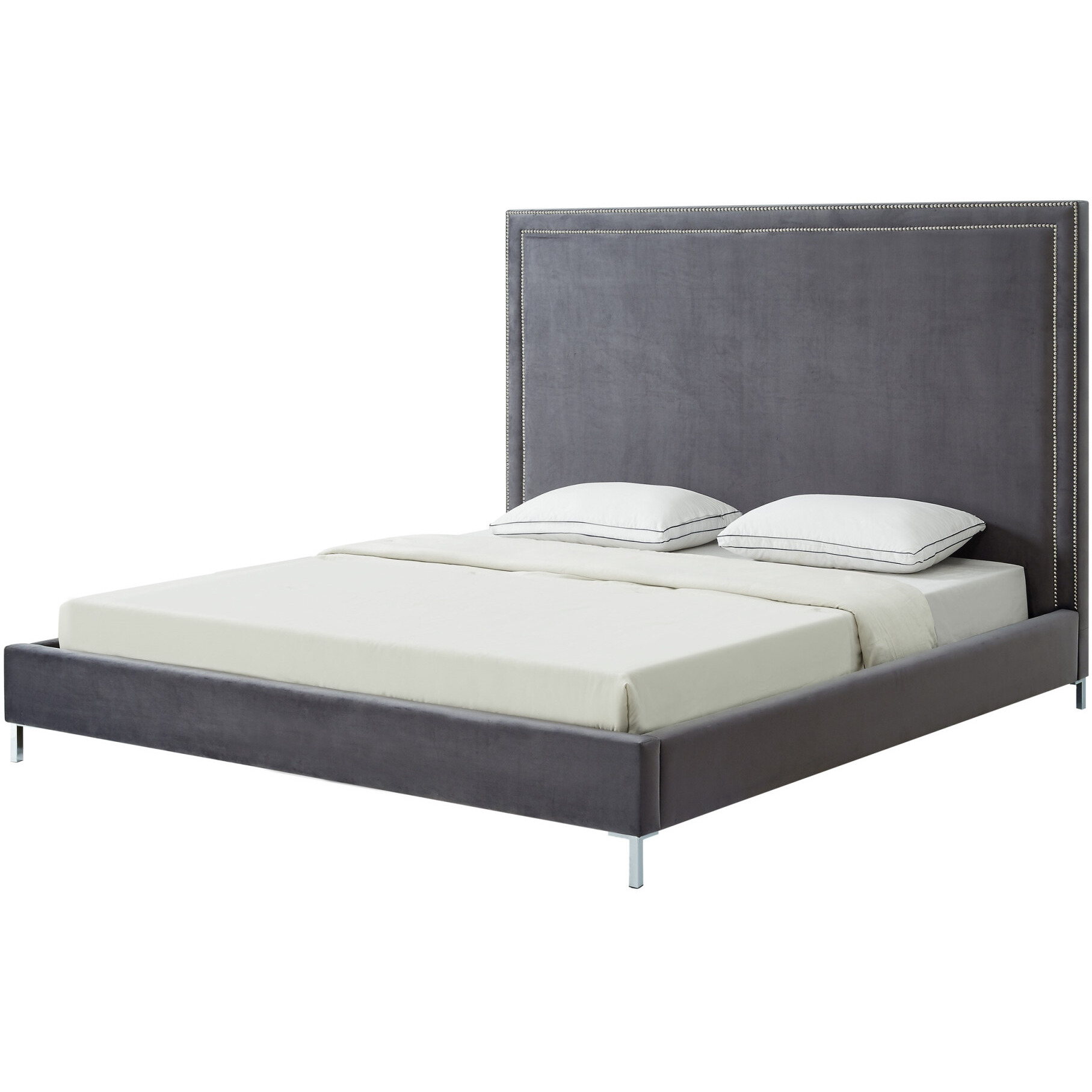 Gray Solid Wood King Upholstered Velvet Bed With Nailhead Trim