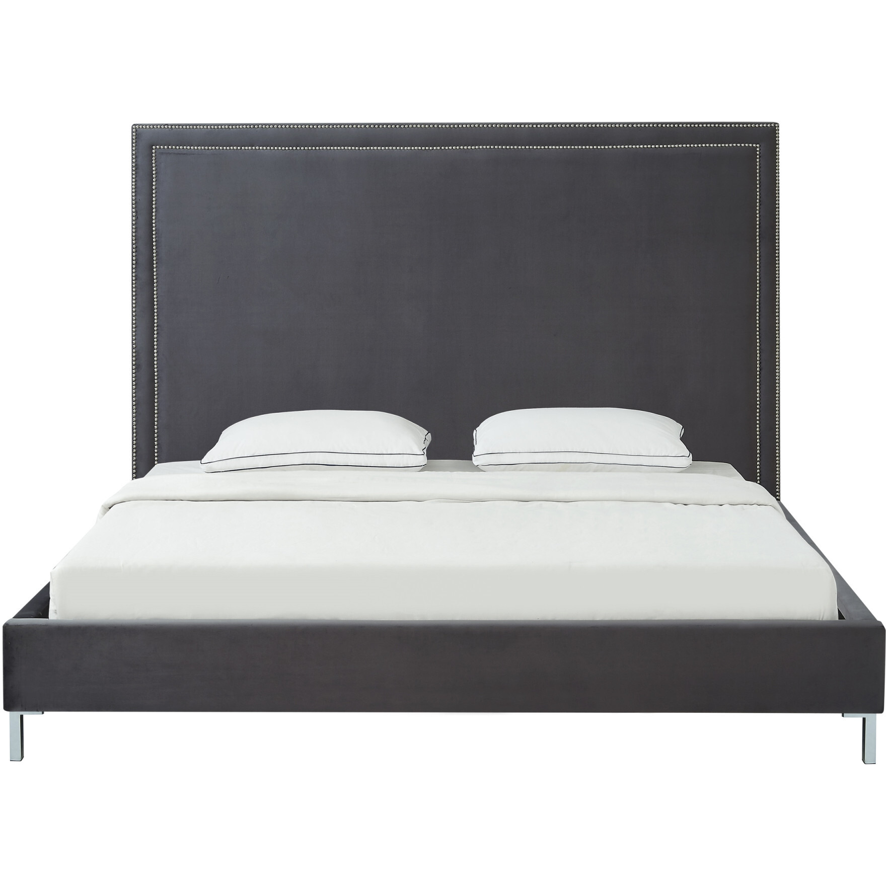 Gray Solid Wood King Upholstered Velvet Bed With Nailhead Trim