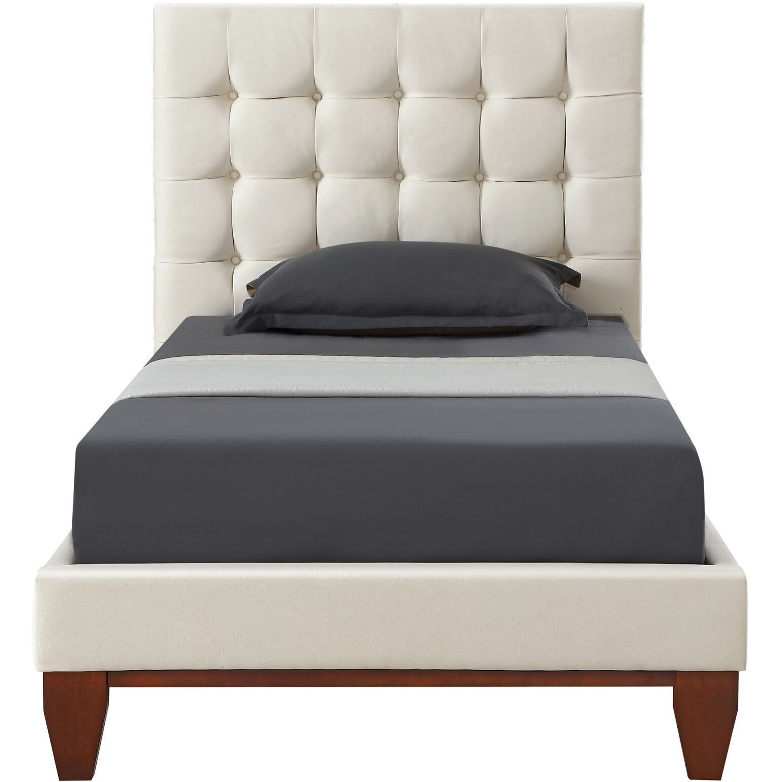 Beige Solid Wood Full Tufted Upholstered Linen Bed