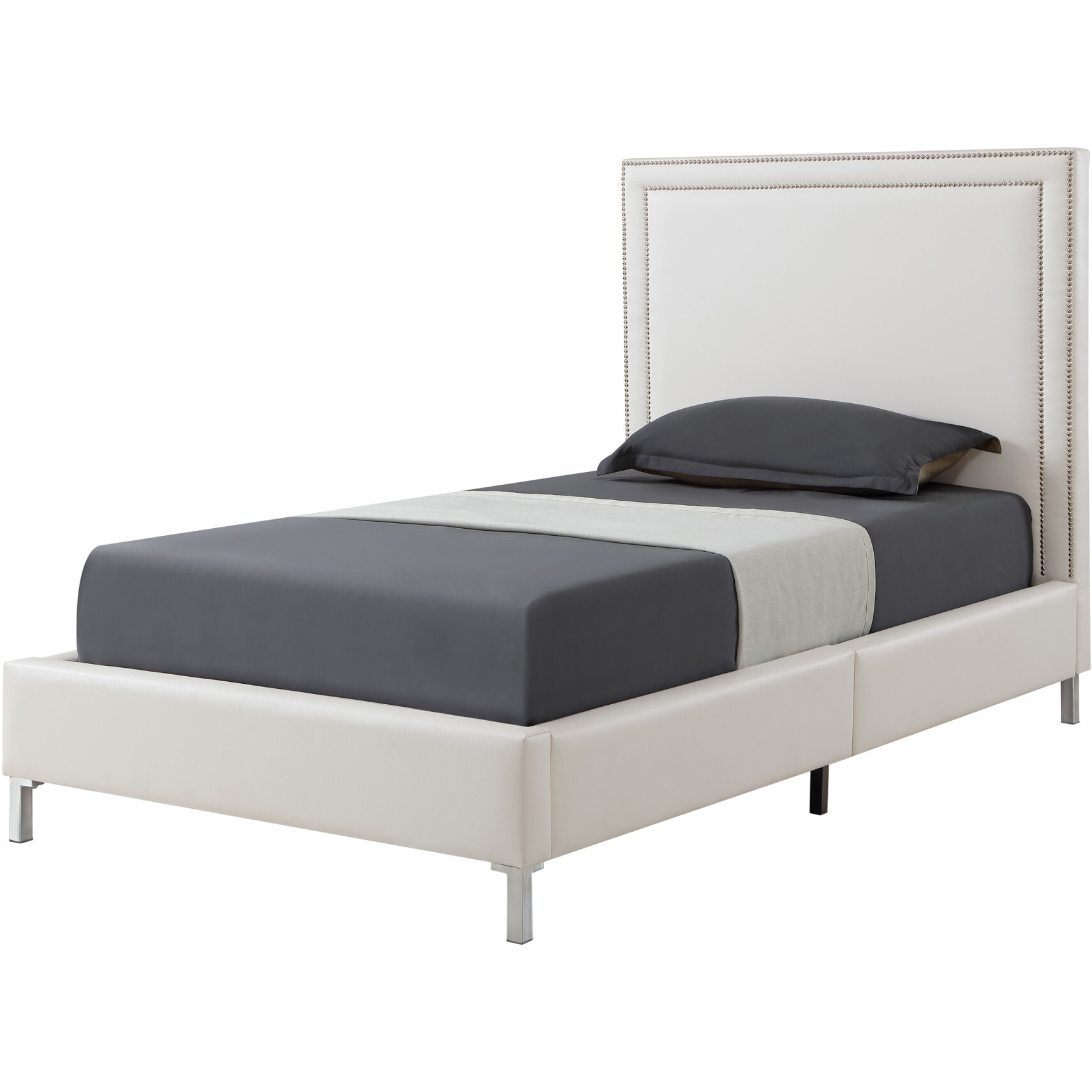 White Solid Wood Full Upholstered Faux Leather Bed With Nailhead Trim