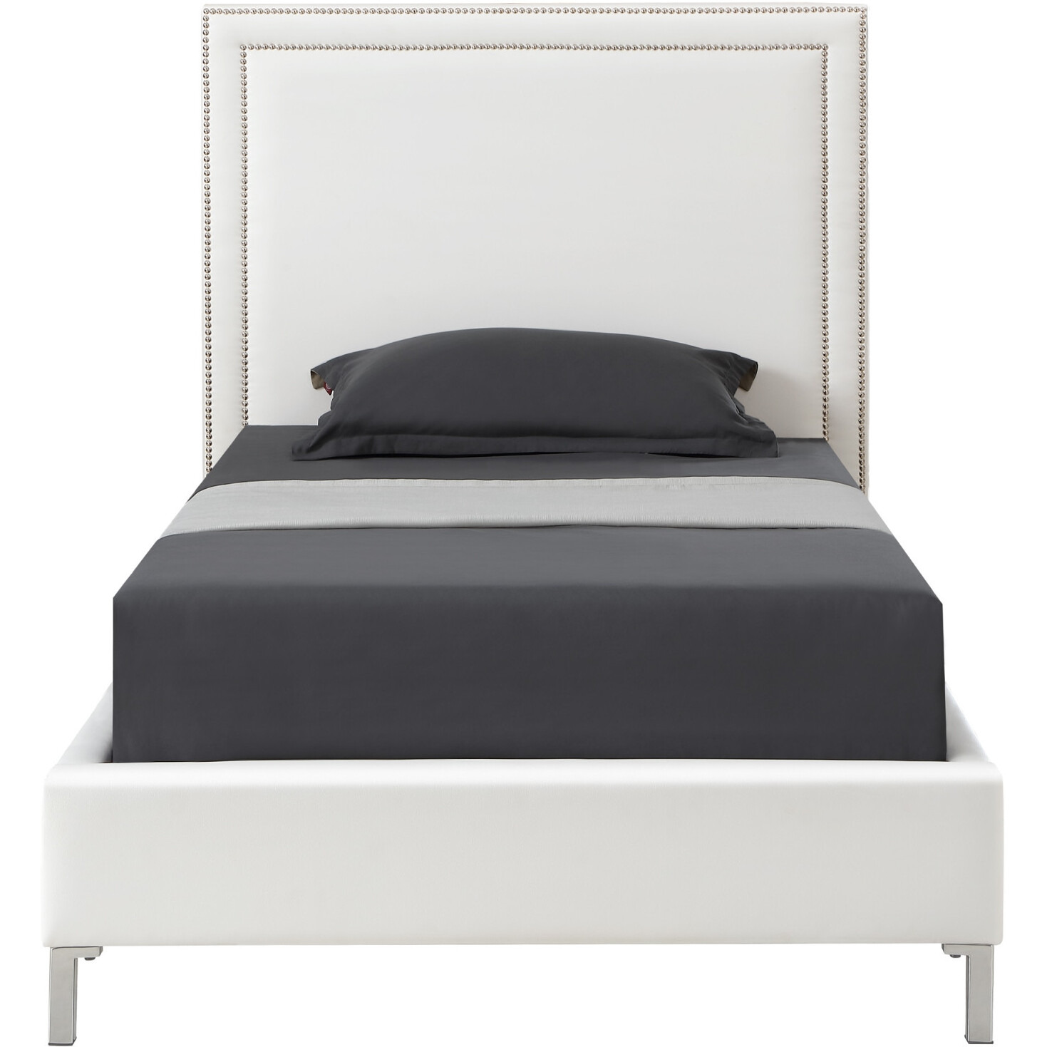 White Solid Wood Full Upholstered Faux Leather Bed With Nailhead Trim