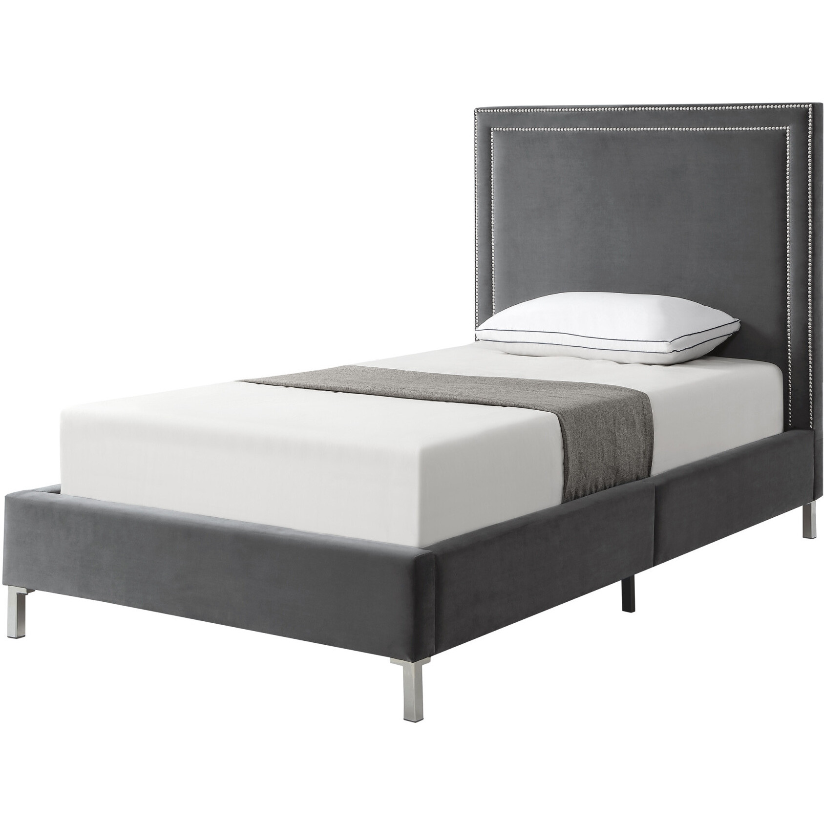 Gray Solid Wood Full Upholstered Velvet Bed With Nailhead Trim
