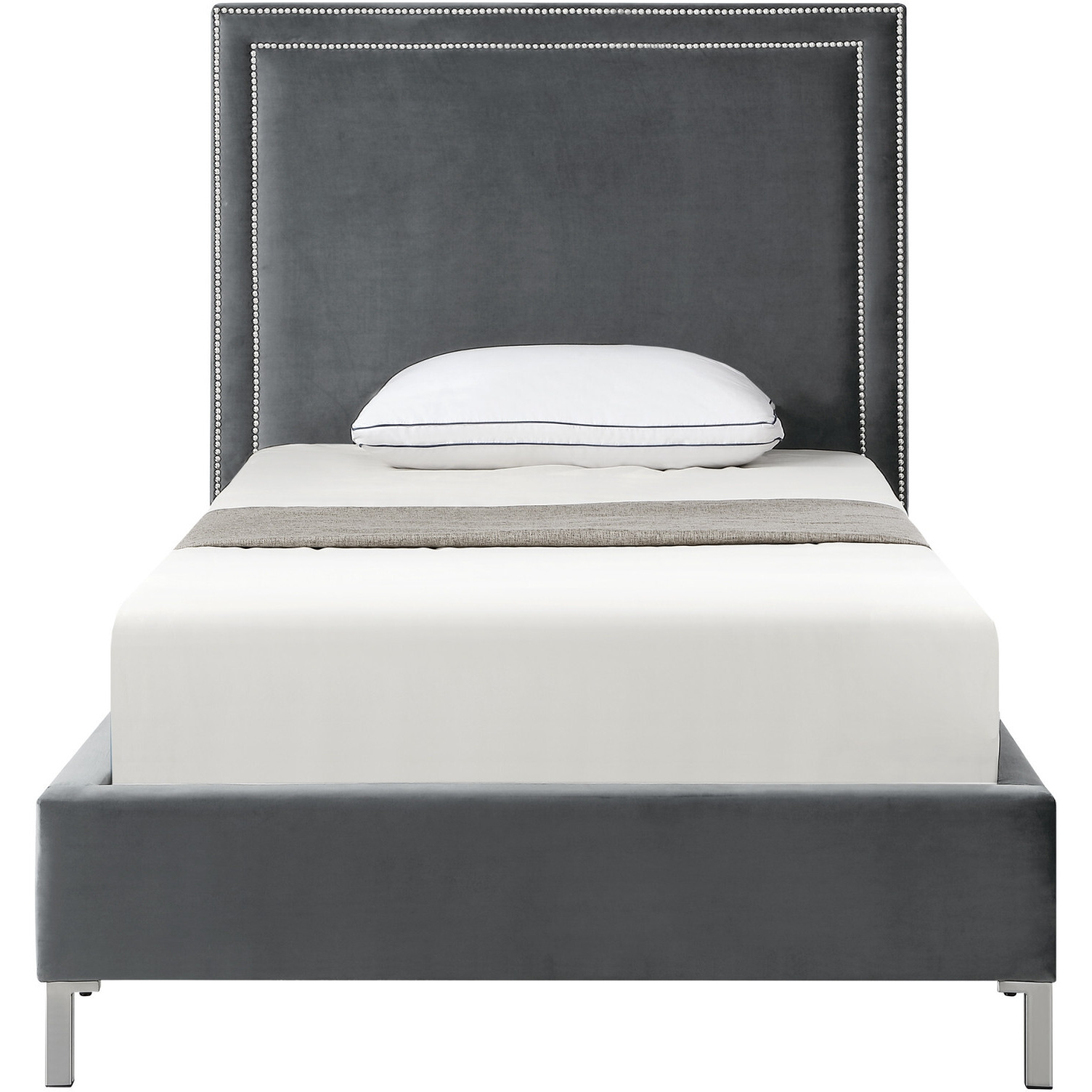 Gray Solid Wood Full Upholstered Velvet Bed With Nailhead Trim