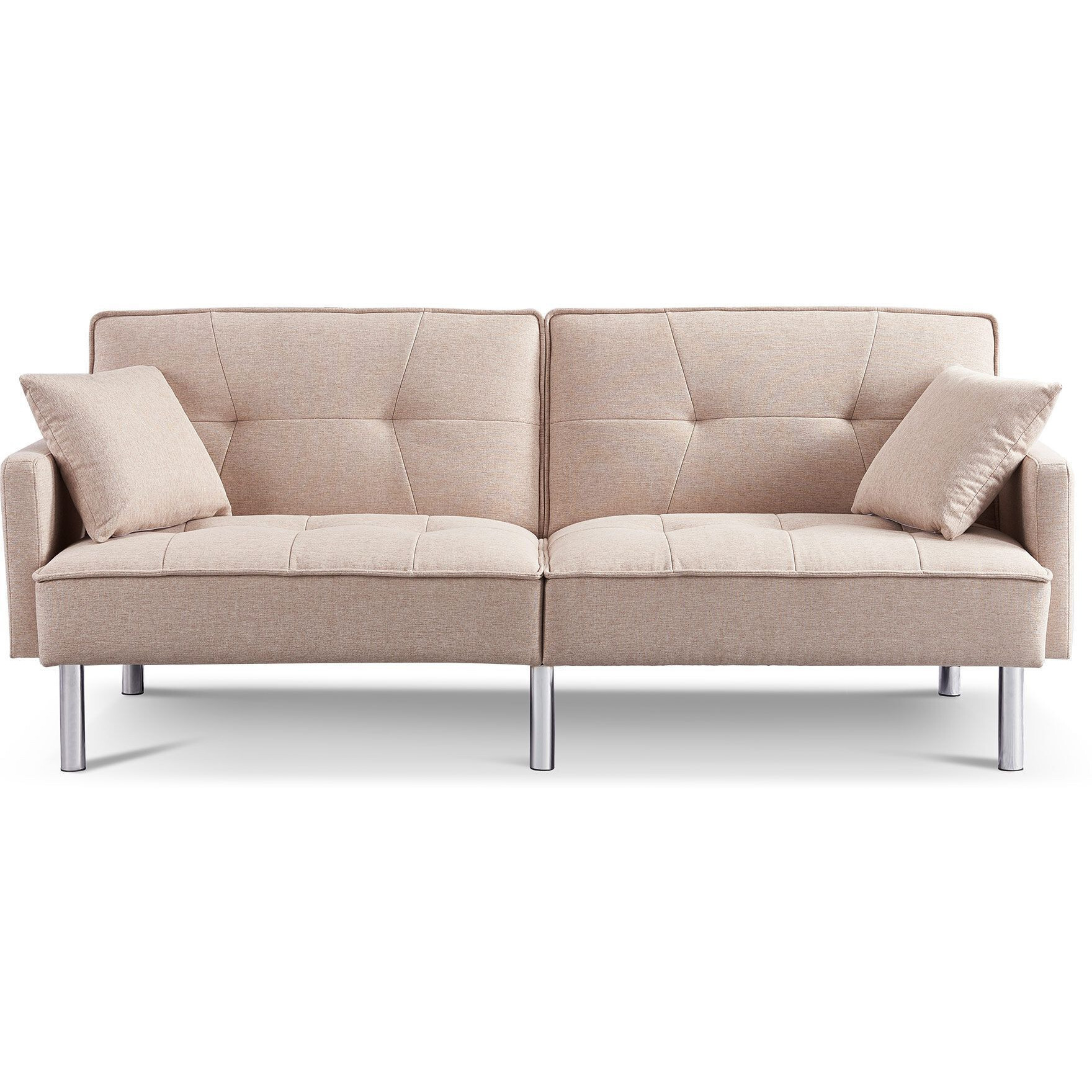 85"" Beige Polyester Blend And Silver Convertible Futon Sleeper Sofa And Toss Pillows