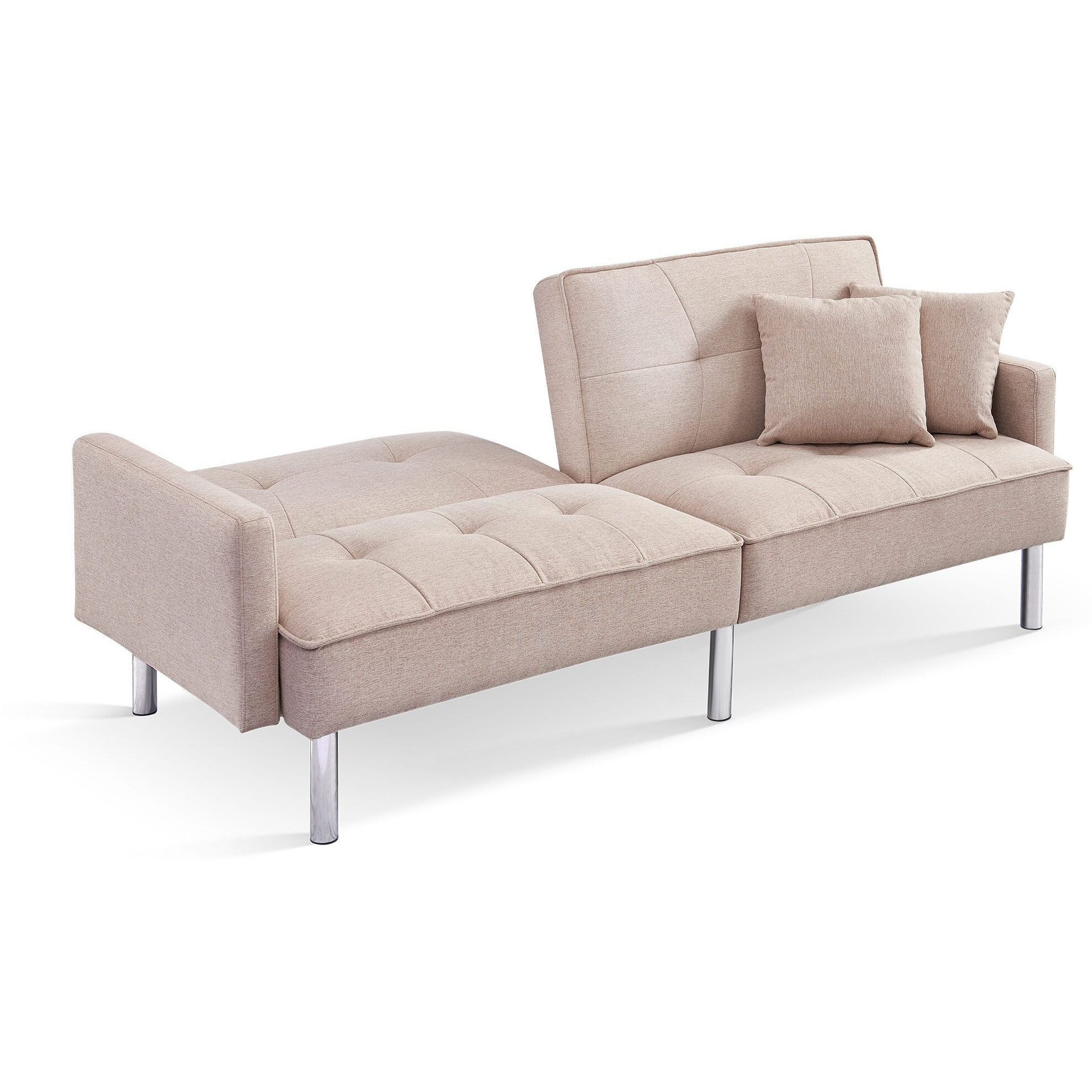 85"" Beige Polyester Blend And Silver Convertible Futon Sleeper Sofa And Toss Pillows