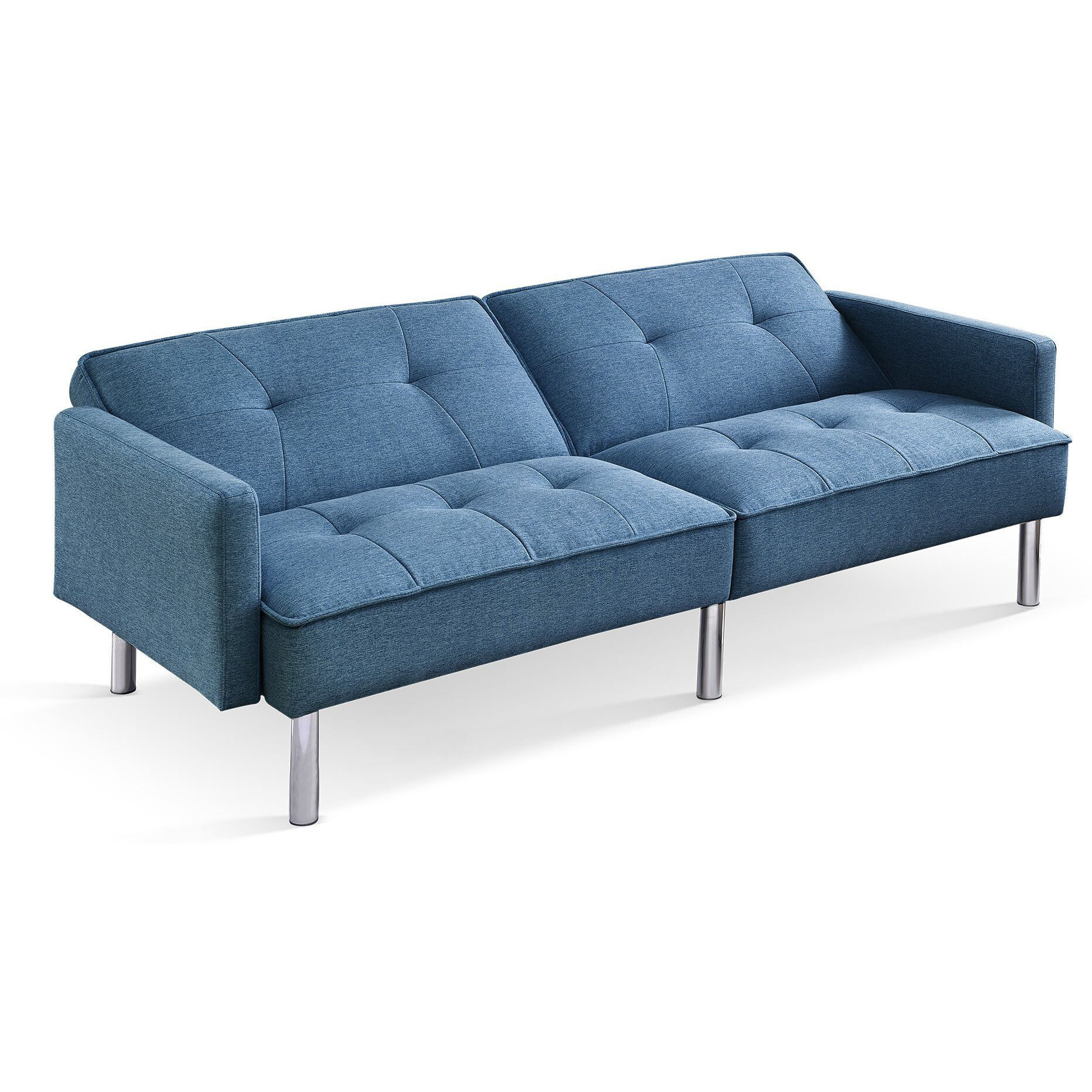 85"" Blue Polyester Blend And Silver Convertible Futon Sleeper Sofa And Toss Pillows