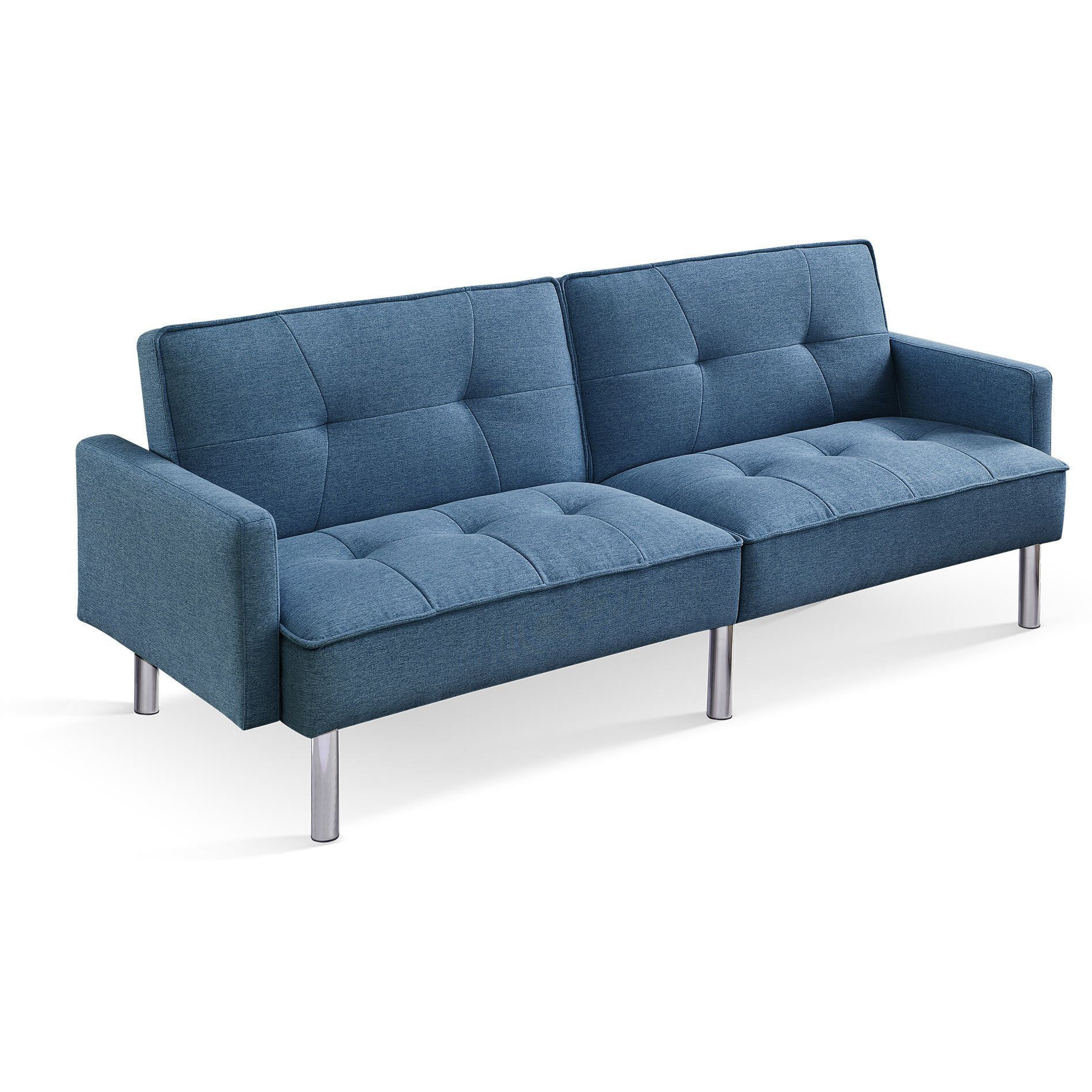 85"" Blue Polyester Blend And Silver Convertible Futon Sleeper Sofa And Toss Pillows