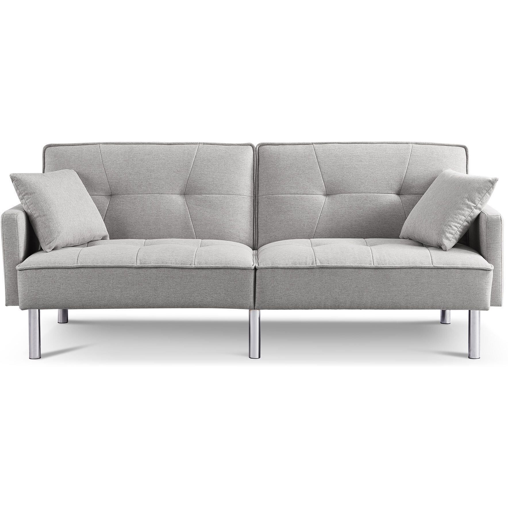 85"" Light Gray Polyester Blend And Silver Convertible Futon Sleeper Sofa And Toss Pillows