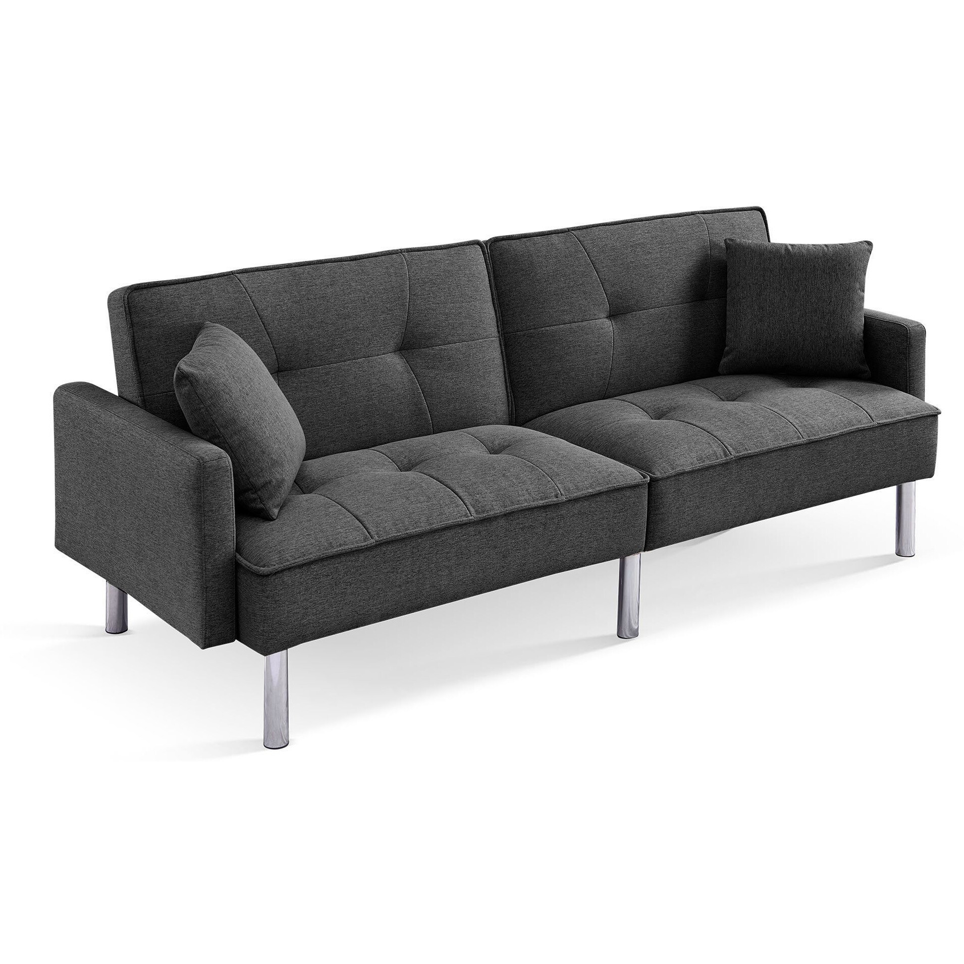 85"" Dark Gray Polyester Blend And Silver Convertible Futon Sleeper Sofa And Toss Pillows