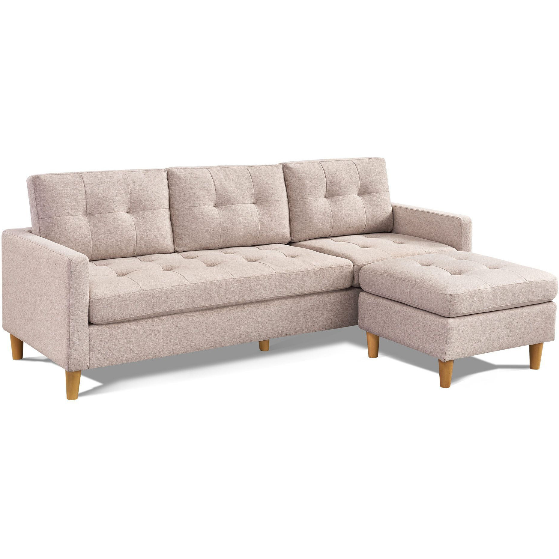87"" Beige Polyester Blend And Natural Sofa With Ottoman