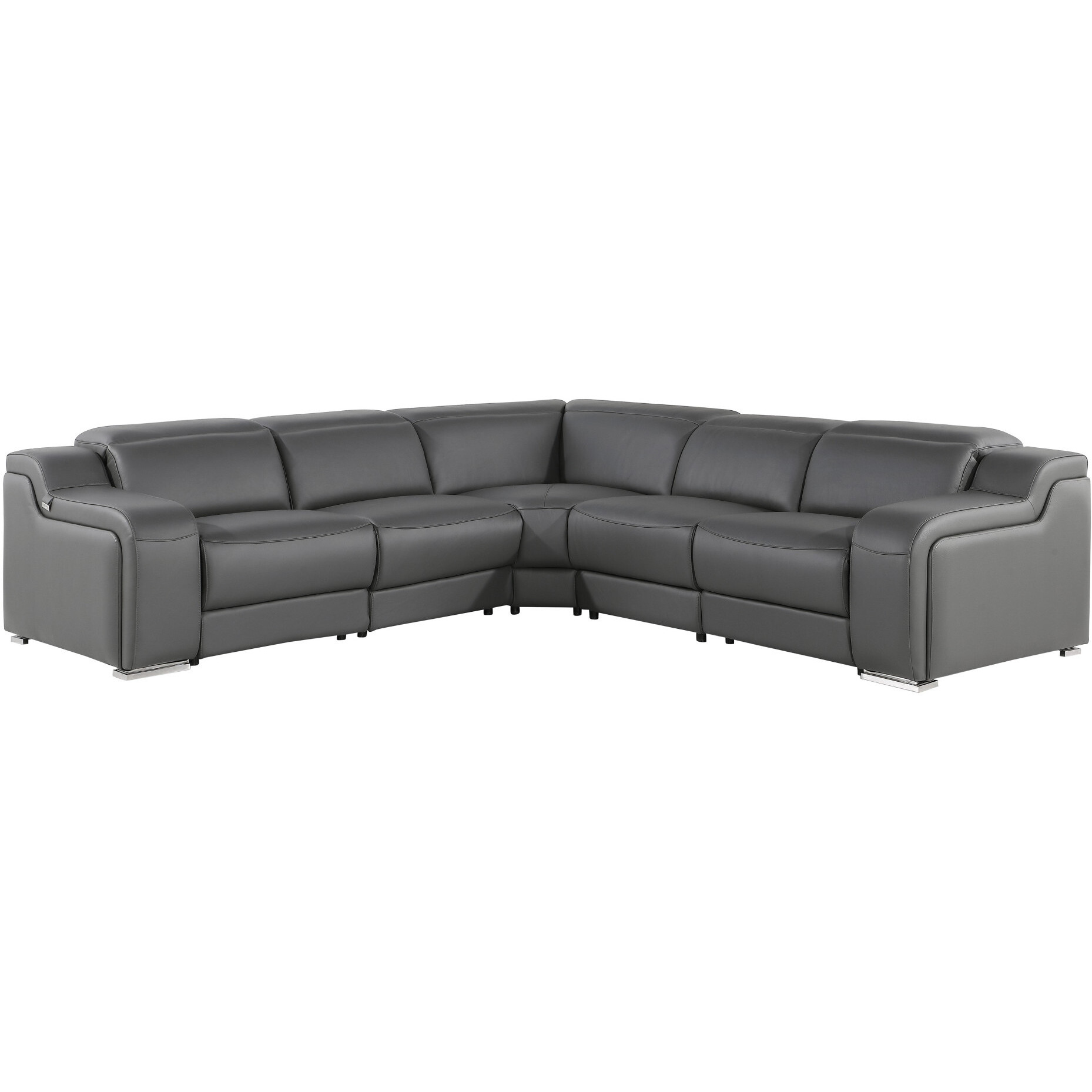 Gray Italian Leather Power Reclining Curved Five Piece Corner Sectional