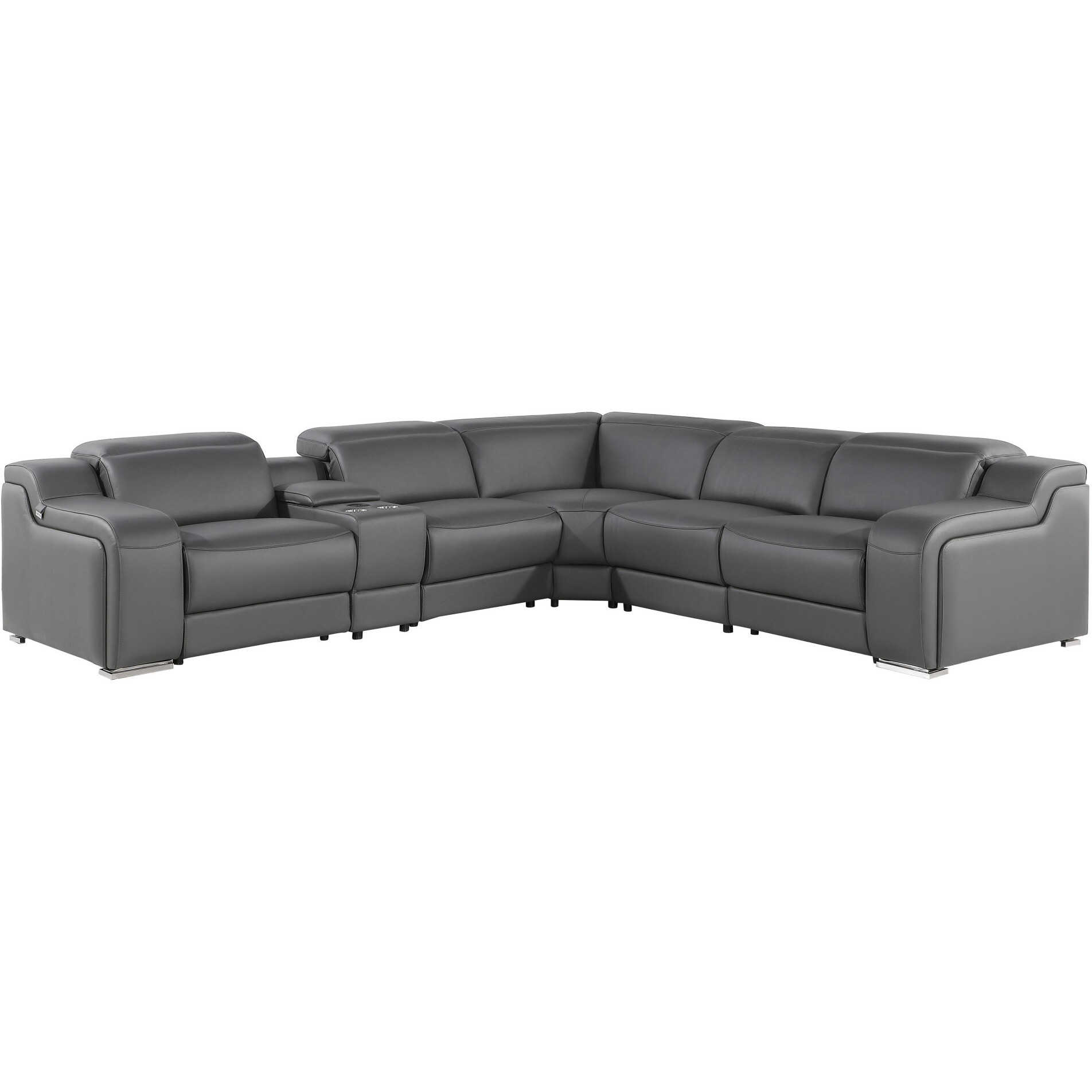 Gray Italian Leather Power Reclining Curved Six Piece Corner Sectional With Console