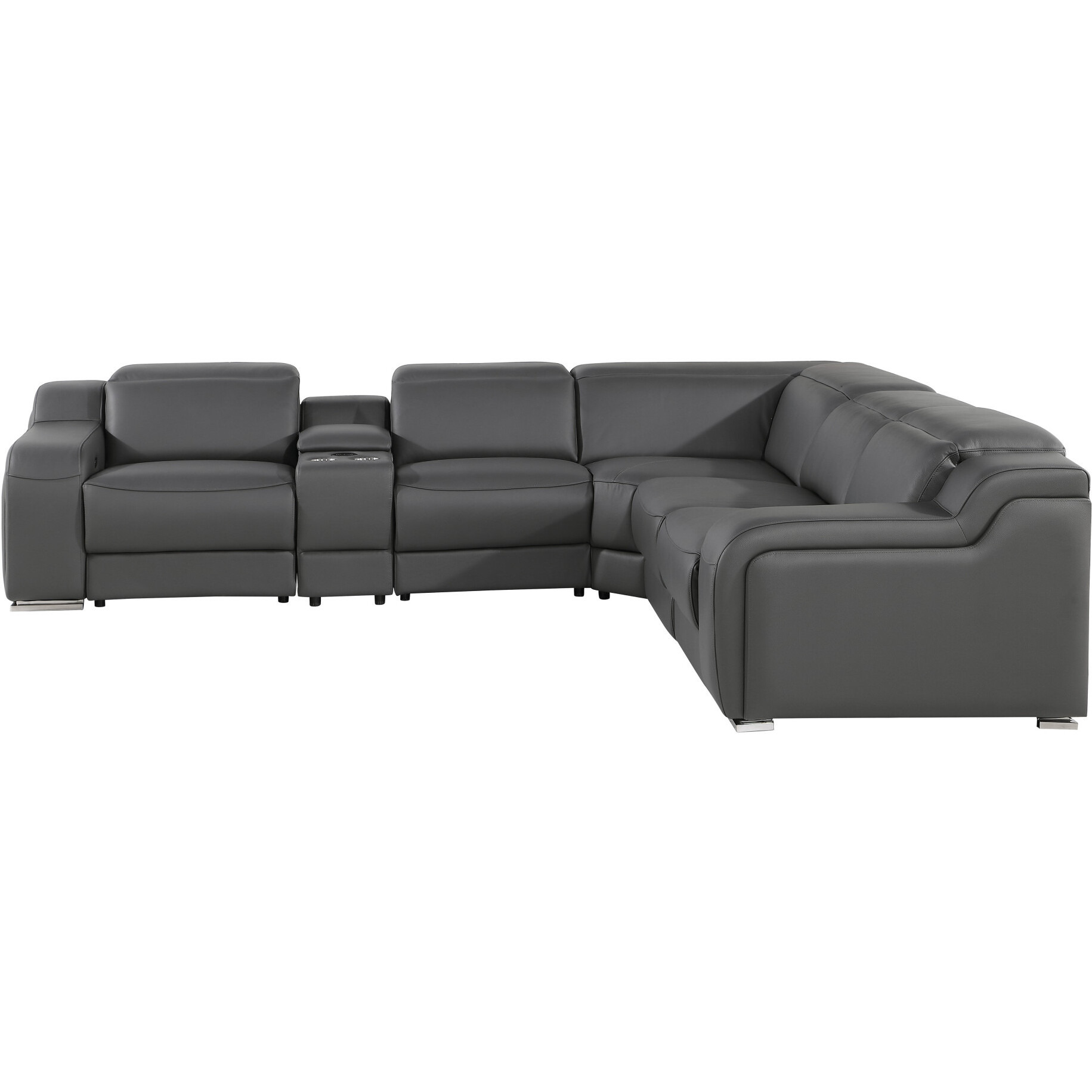 Gray Italian Leather Power Reclining Curved Six Piece Corner Sectional With Console