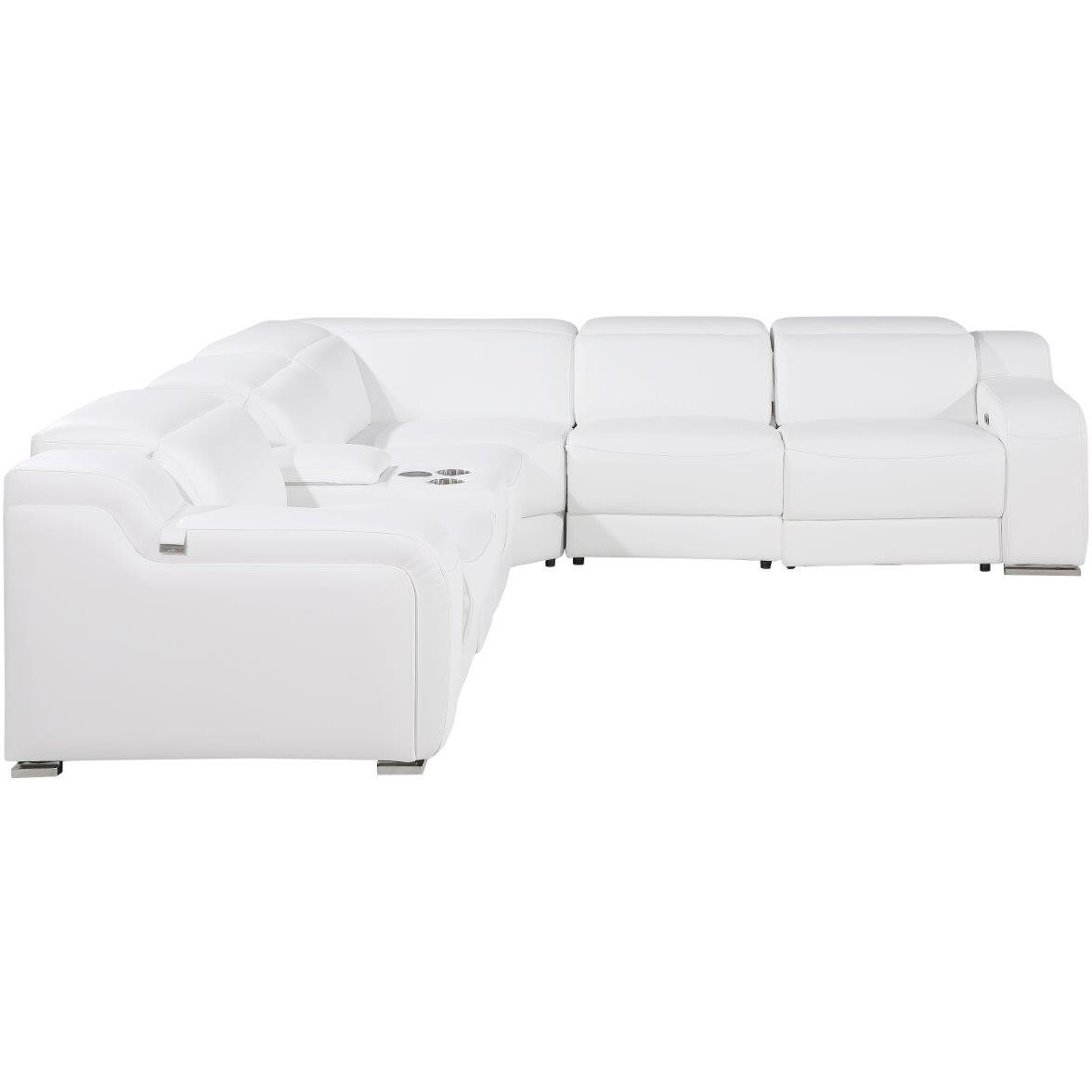 White Italian Leather Power Reclining Curved Six Piece Corner Sectional With Console