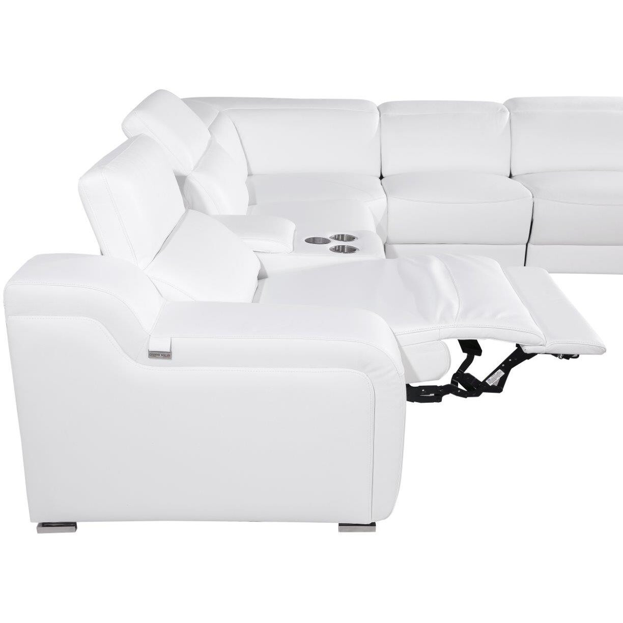 White Italian Leather Power Reclining Curved Seven Piece Corner Sectional With Console