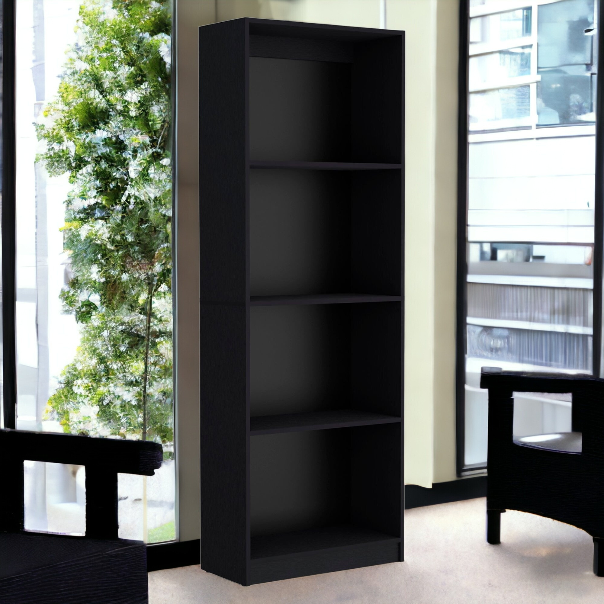 71"" Black Five Tier Bookcase With Two Doors