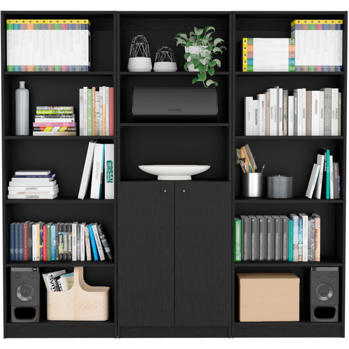 71"" Black Five Tier Bookcase With Two Doors