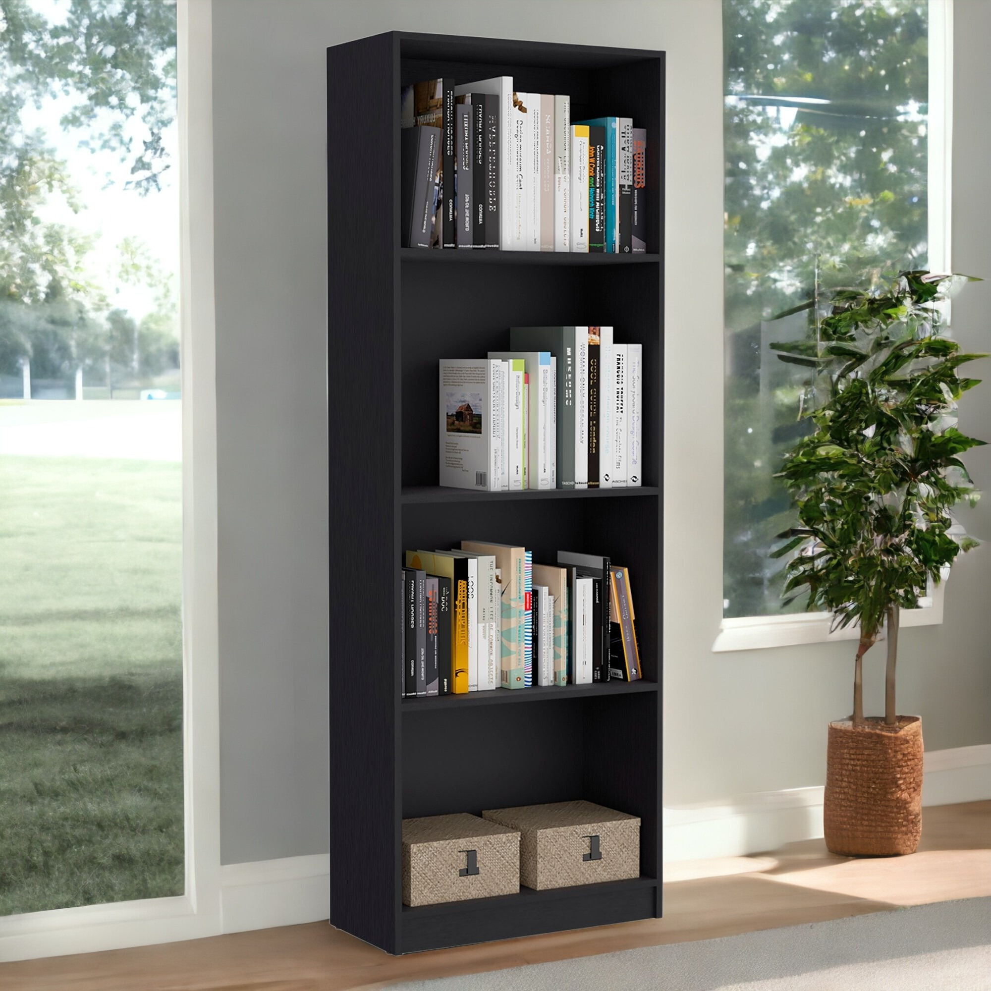 71"" Black Five Tier Bookcase With Four Doors