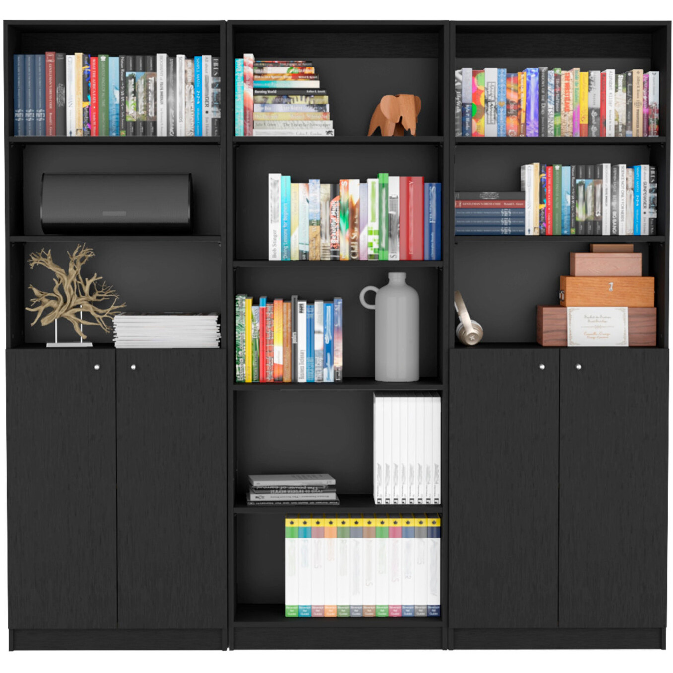 71"" Black Five Tier Bookcase With Four Doors