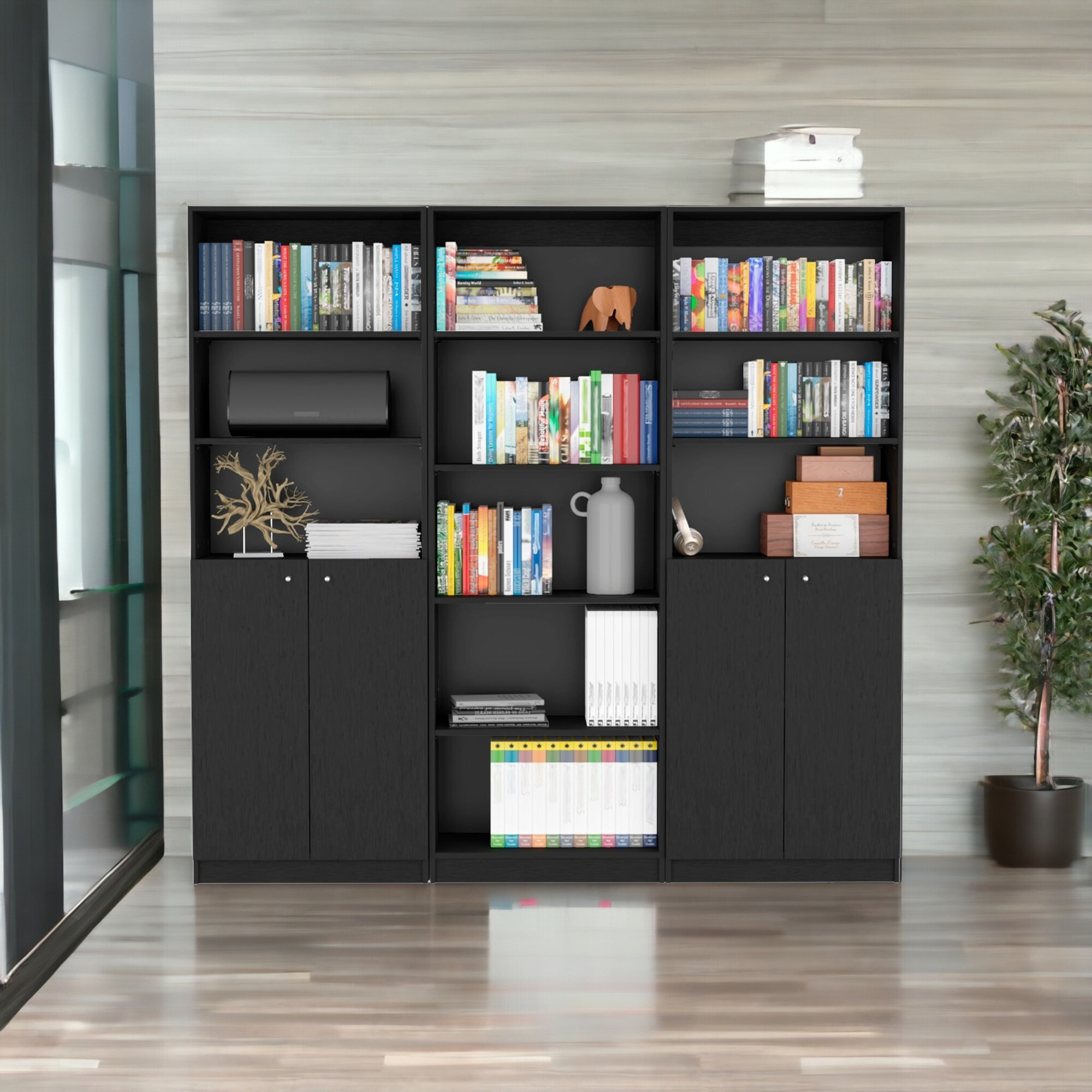 71"" Black Five Tier Bookcase With Four Doors