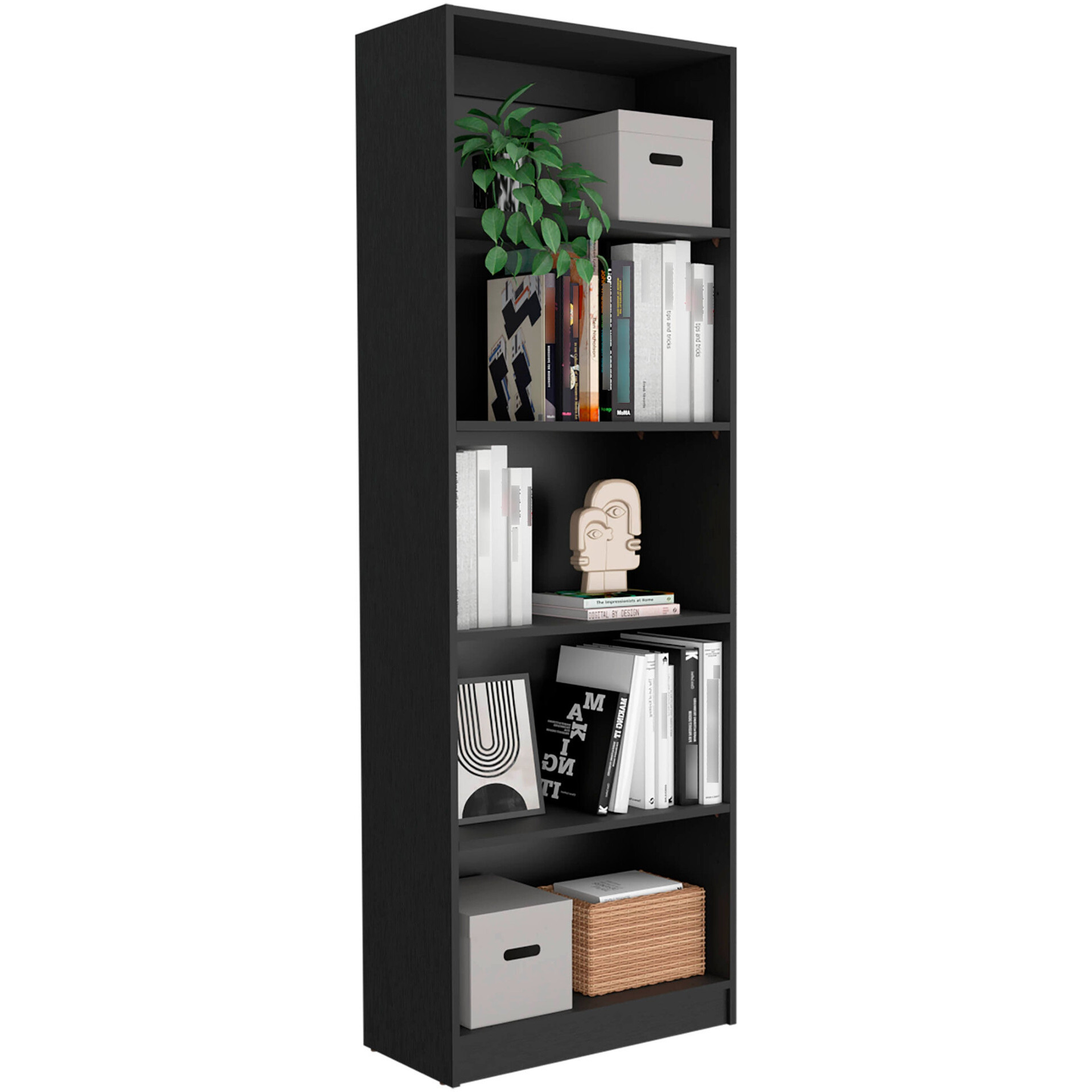 71"" Black Five Tier Bookcase With Four Doors