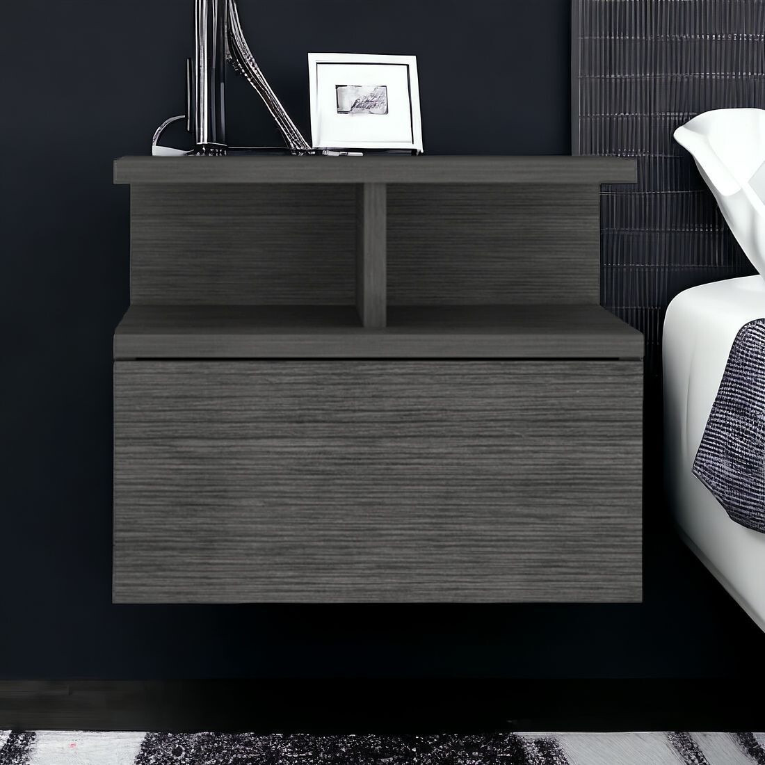 13"" Dark Gray One Drawer Faux Wood Floating Nightstand