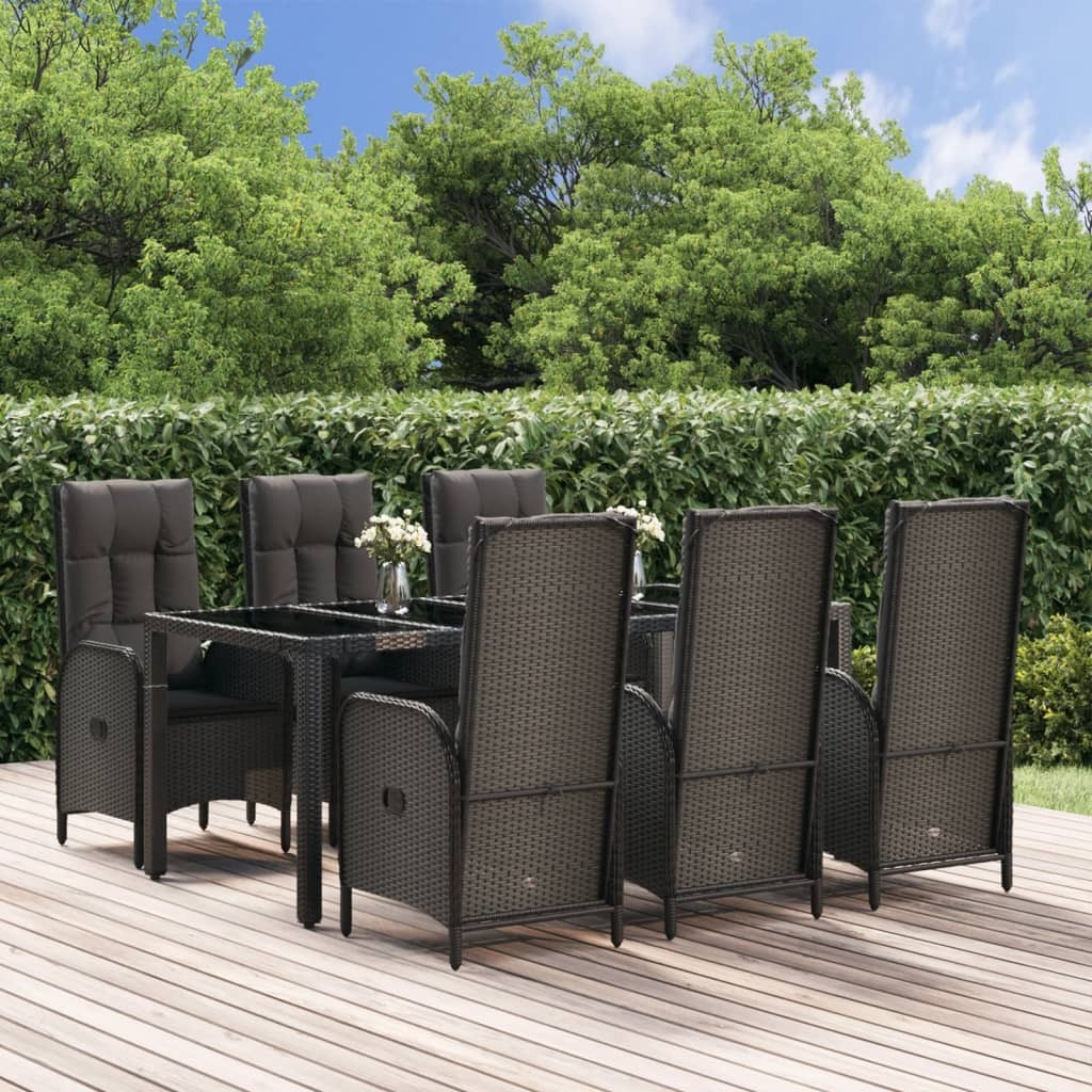 Vidaxl 7 Piece Patio Dining Set With Cushions Black And Gray Poly Rattan