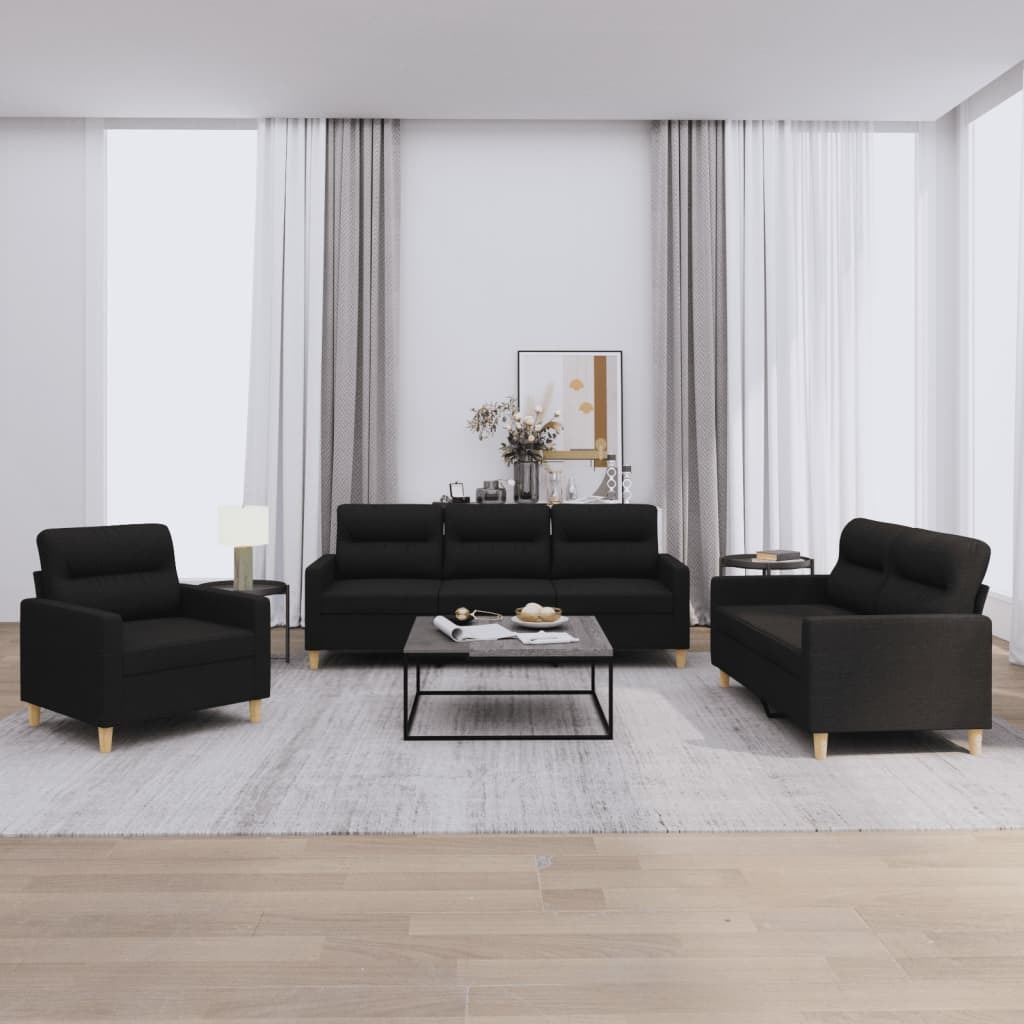 Vidaxl 3 Piece Sofa Set With Cushions Black Fabric